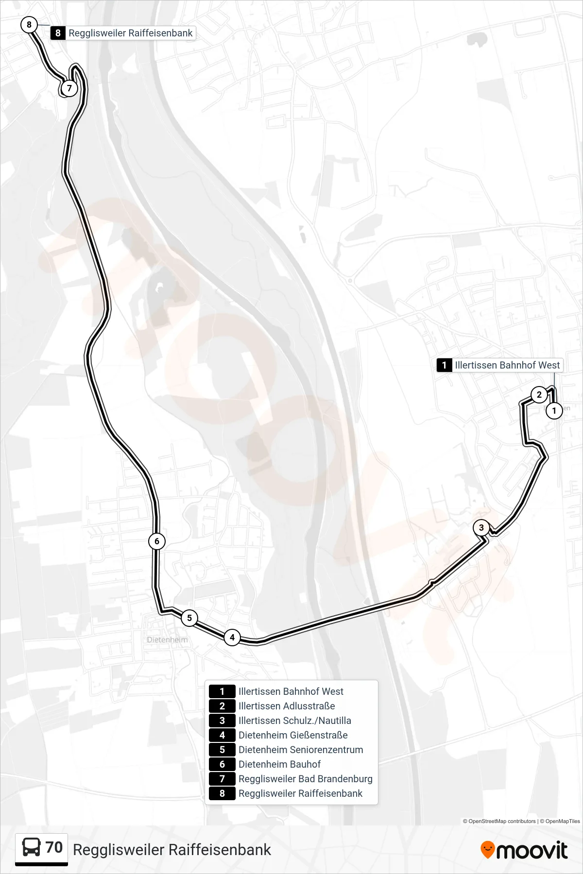 70 bus Line (Regglisweiler Raiffeisenbank) route and stops on a map