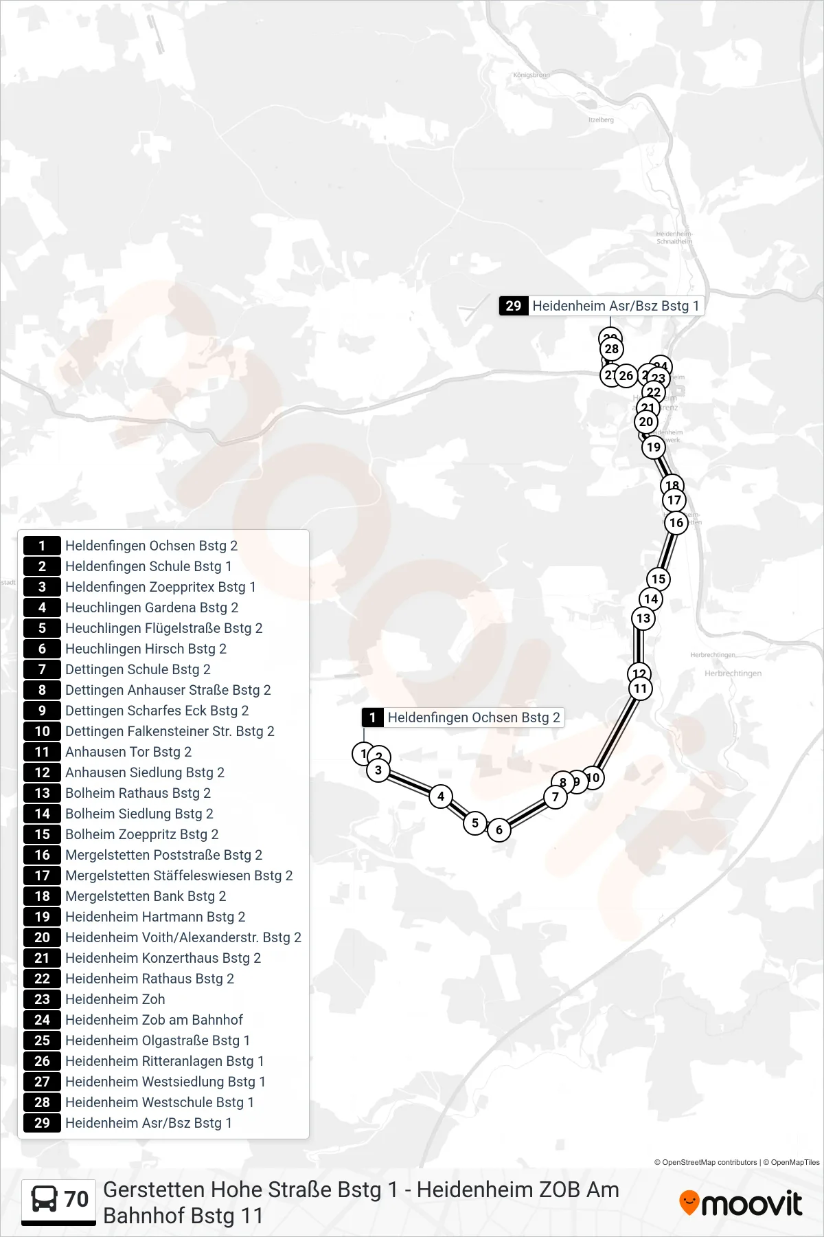 70 bus Line (Heidenheim Asr/Bsz) route and stops on a map