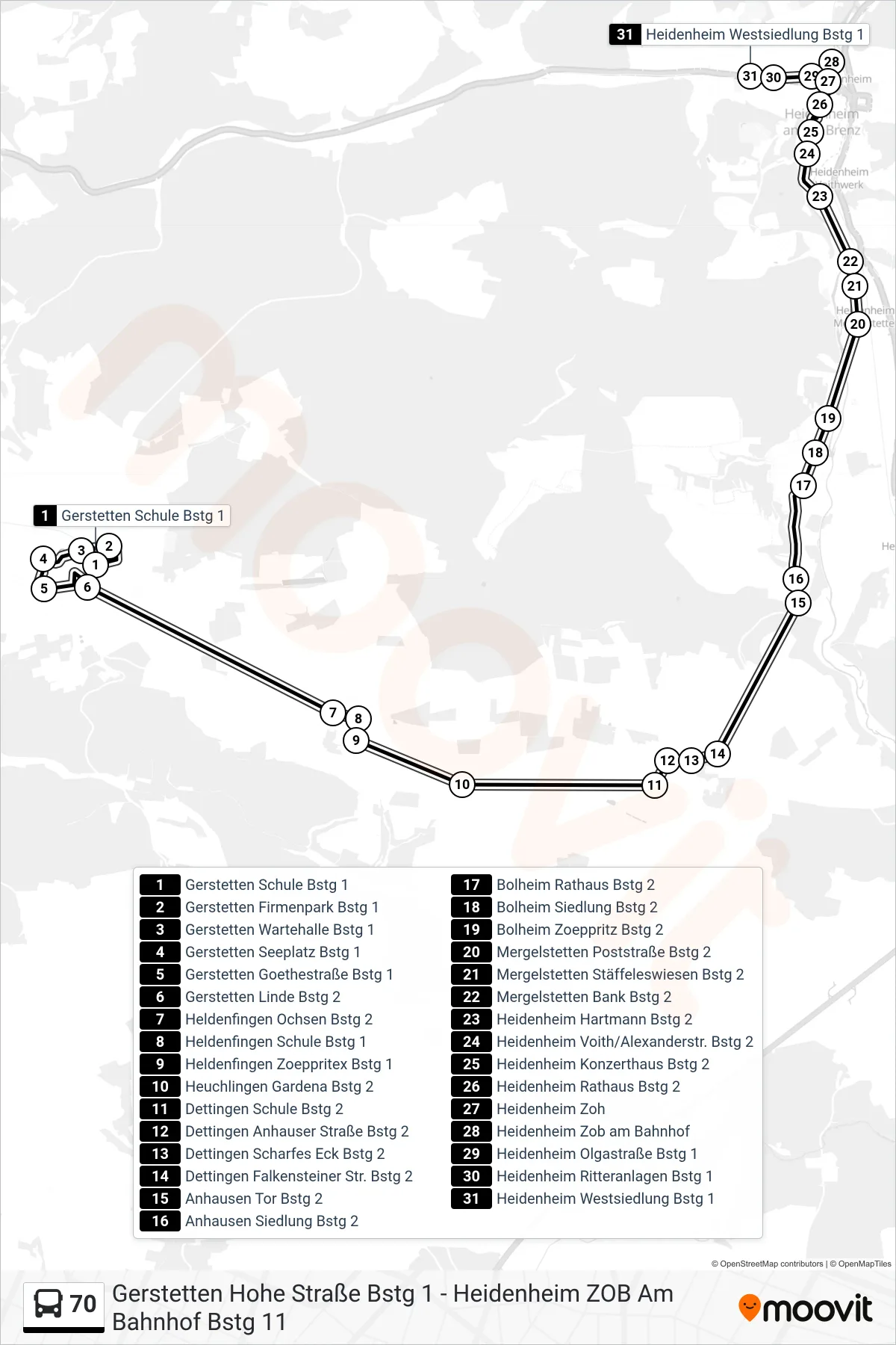 70 bus Line (Heidenheim Westsiedlung) route and stops on a map