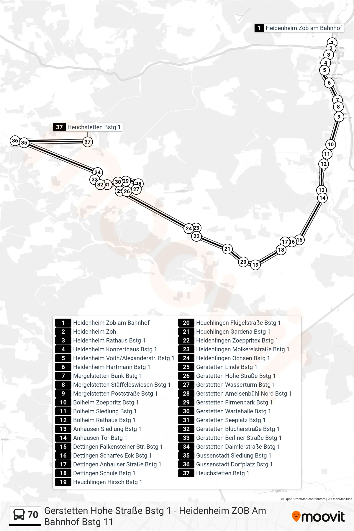70 bus Line (Heuchstetten) route and stops on a map