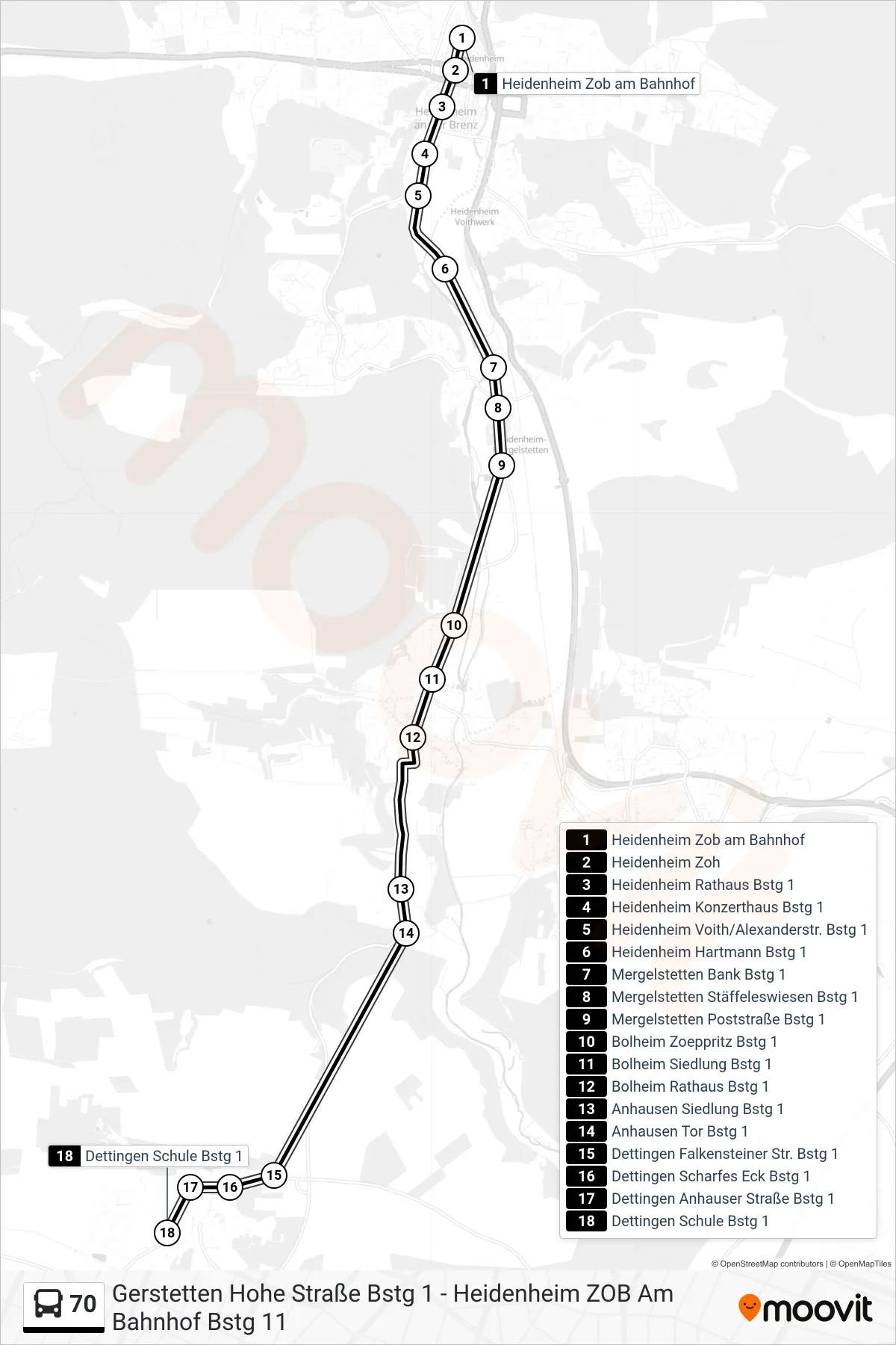 70 bus Line (Dettingen Schule) route and stops on a map