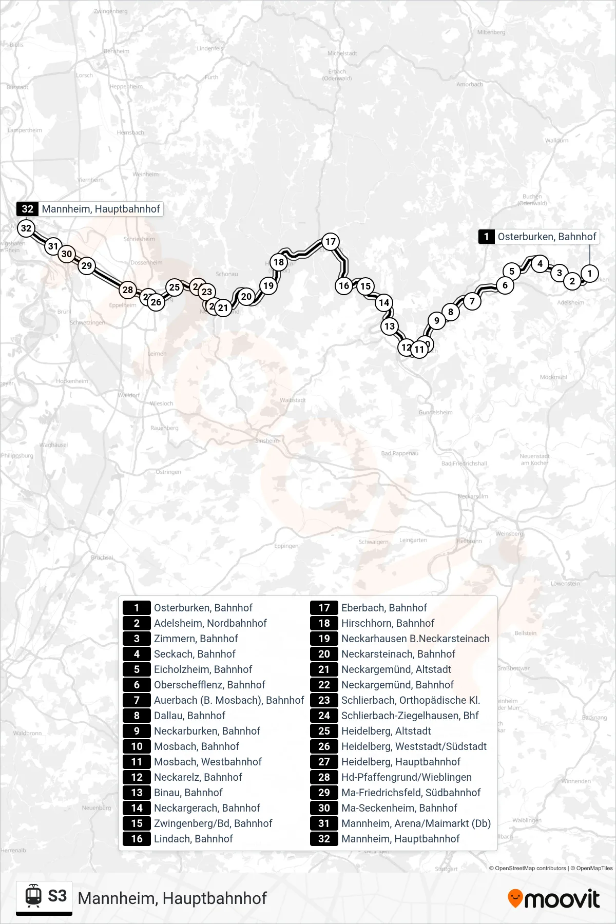 Linie S3 (Straßenbahn) Richtung Mannheim, Hauptbahnhof: Route und Haltestellen auf der Karte