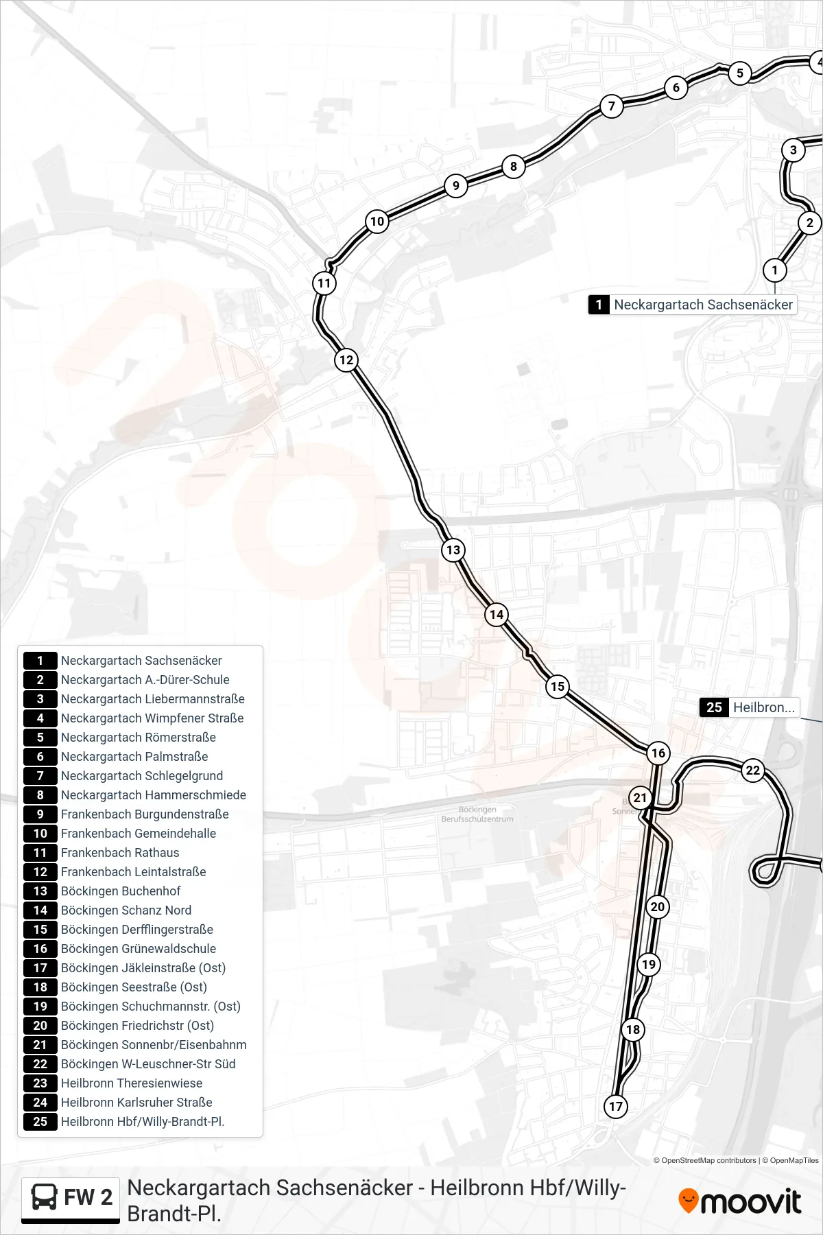 Linie FW 2 (Bus) Richtung Heilbronn Hbf/Willy-Brandt-Pl.: Route und Haltestellen auf der Karte