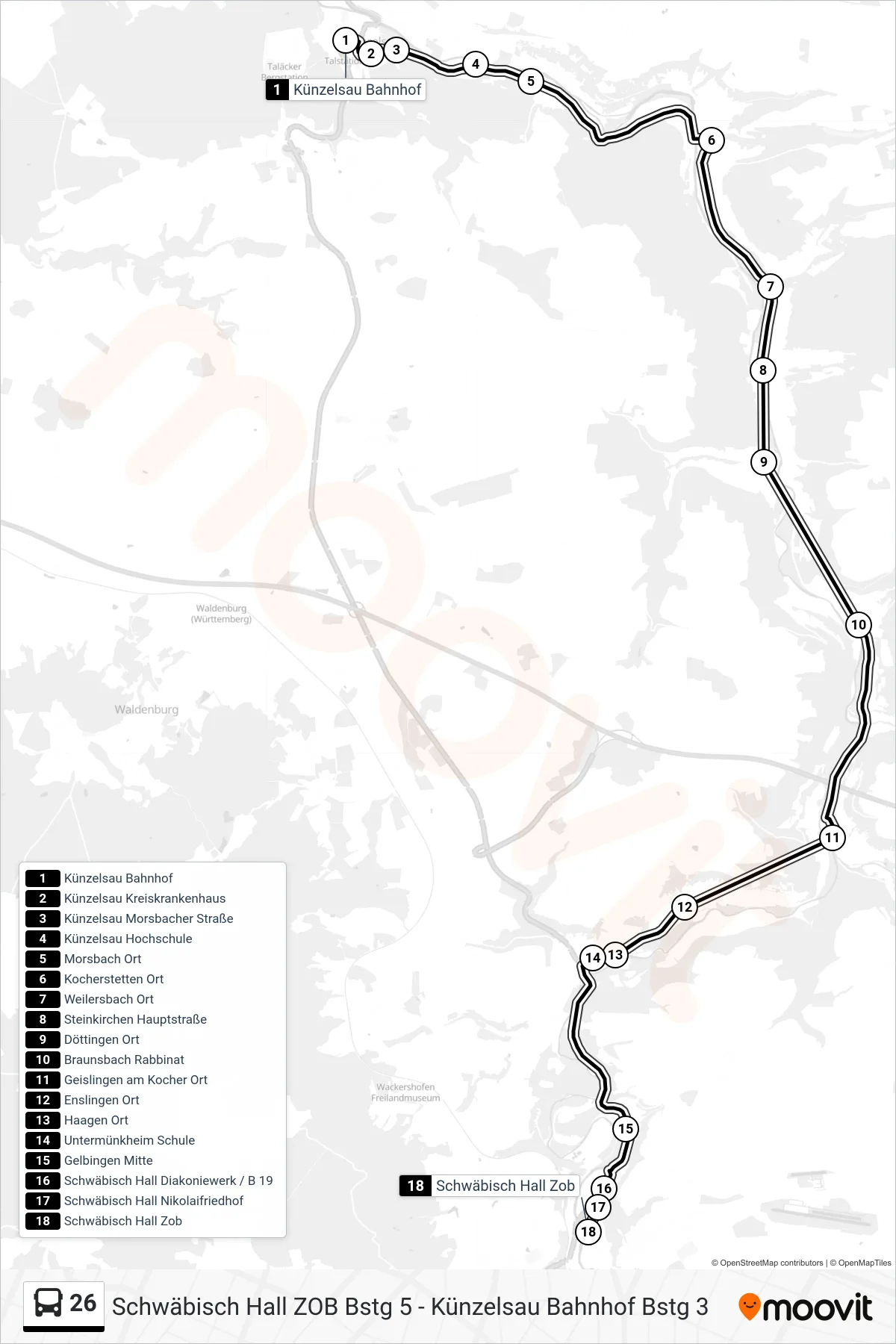 26 bus Line (Schwäbisch Hall Zob) route and stops on a map