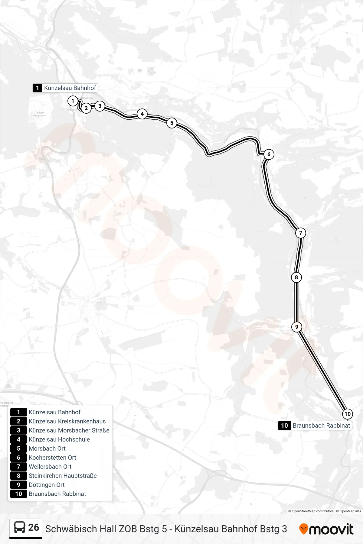 26 bus Line (Braunsbach Rabbinat) route and stops on a map