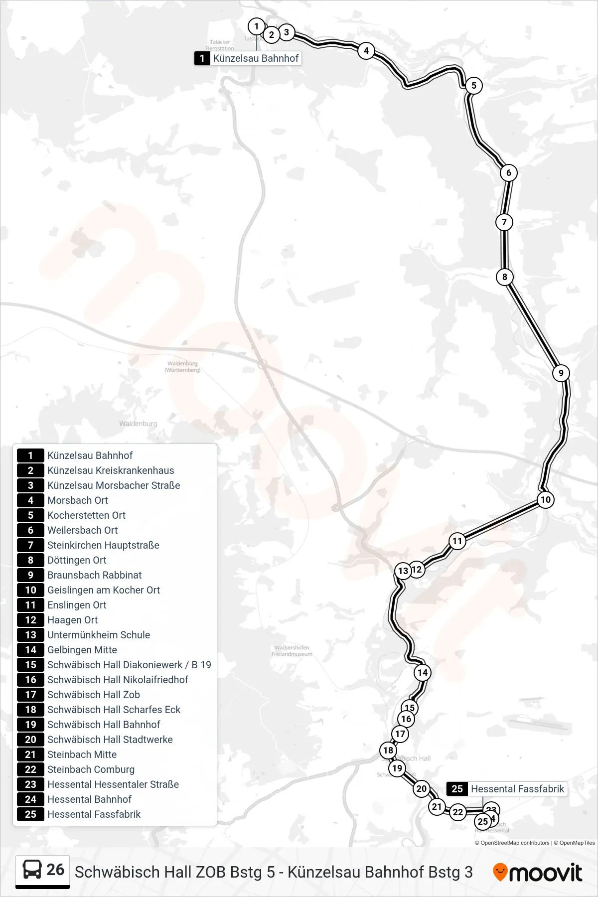 26 bus Line (Hessental Fassfabrik) route and stops on a map
