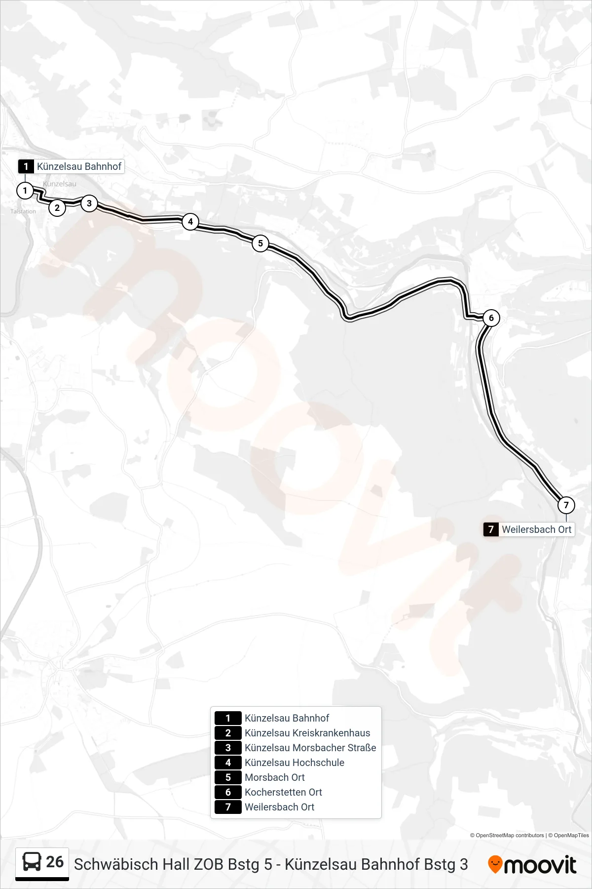 26 bus Line (Weilersbach Ort) route and stops on a map