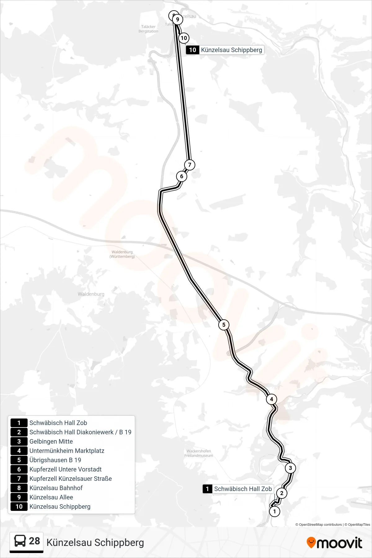 Linie 28 (Bus) Richtung Künzelsau Schippberg: Route und Haltestellen auf der Karte
