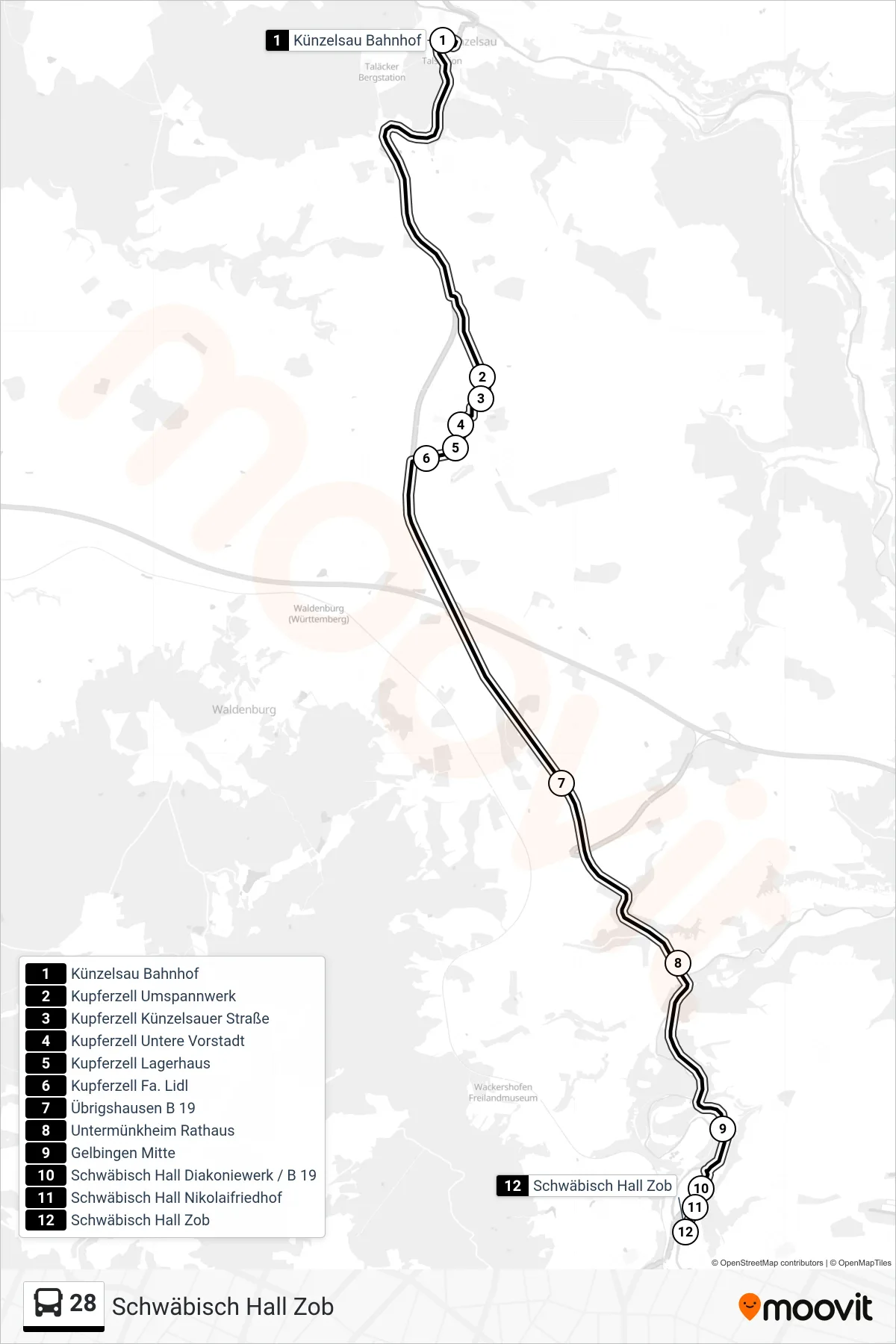 28 bus Line (Schwäbisch Hall Zob) route and stops on a map