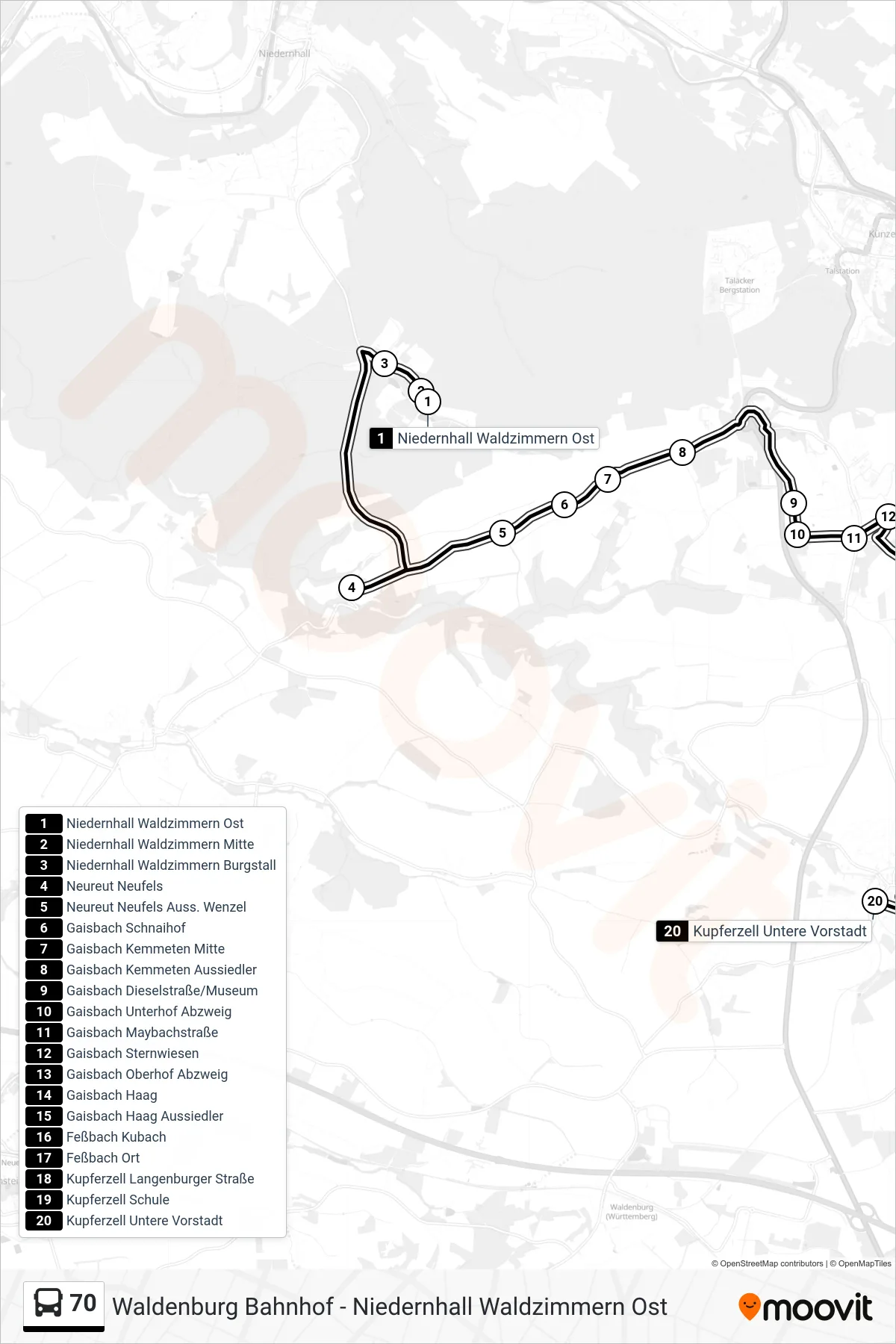 70 bus Line (Kupferzell Untere Vorstadt) route and stops on a map