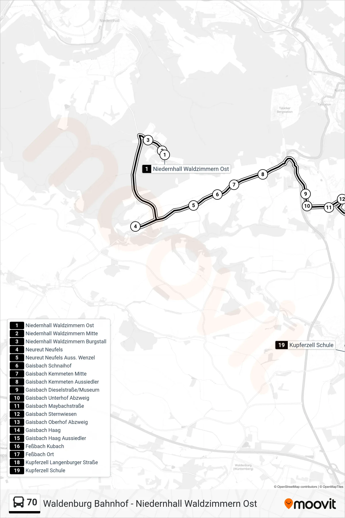 70 bus Line (Kupferzell Schule) route and stops on a map