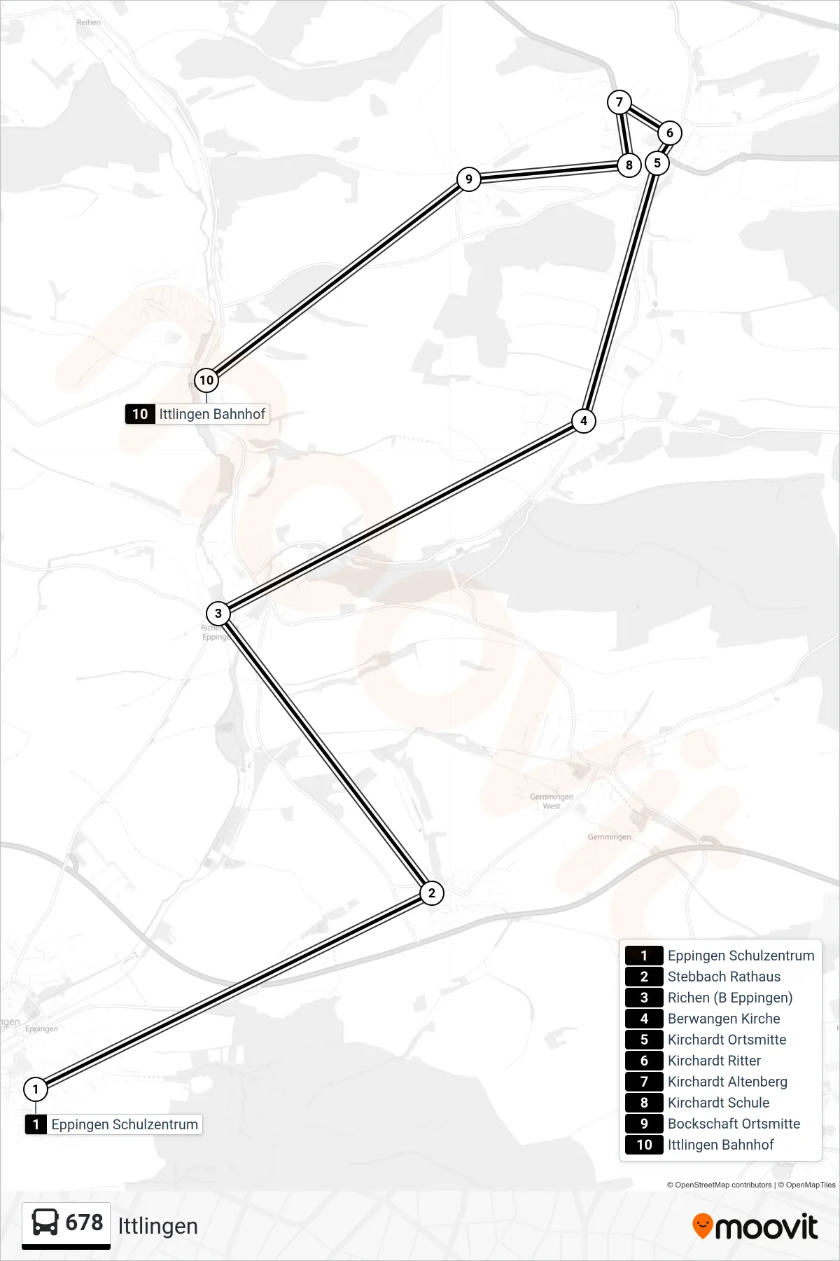 678 bus Line (Ittlingen) route and stops on a map