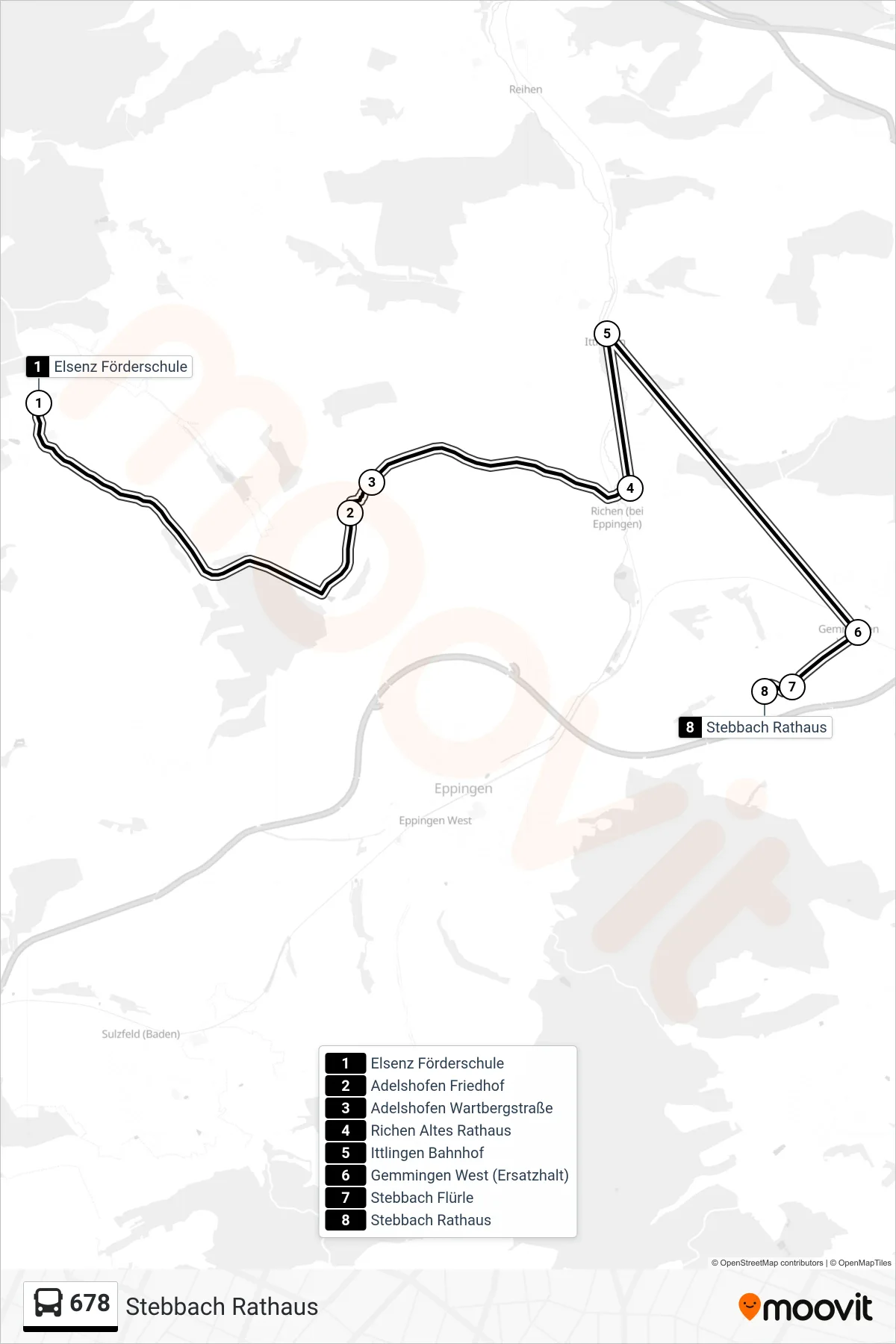 678 bus Line (Stebbach Rathaus) route and stops on a map