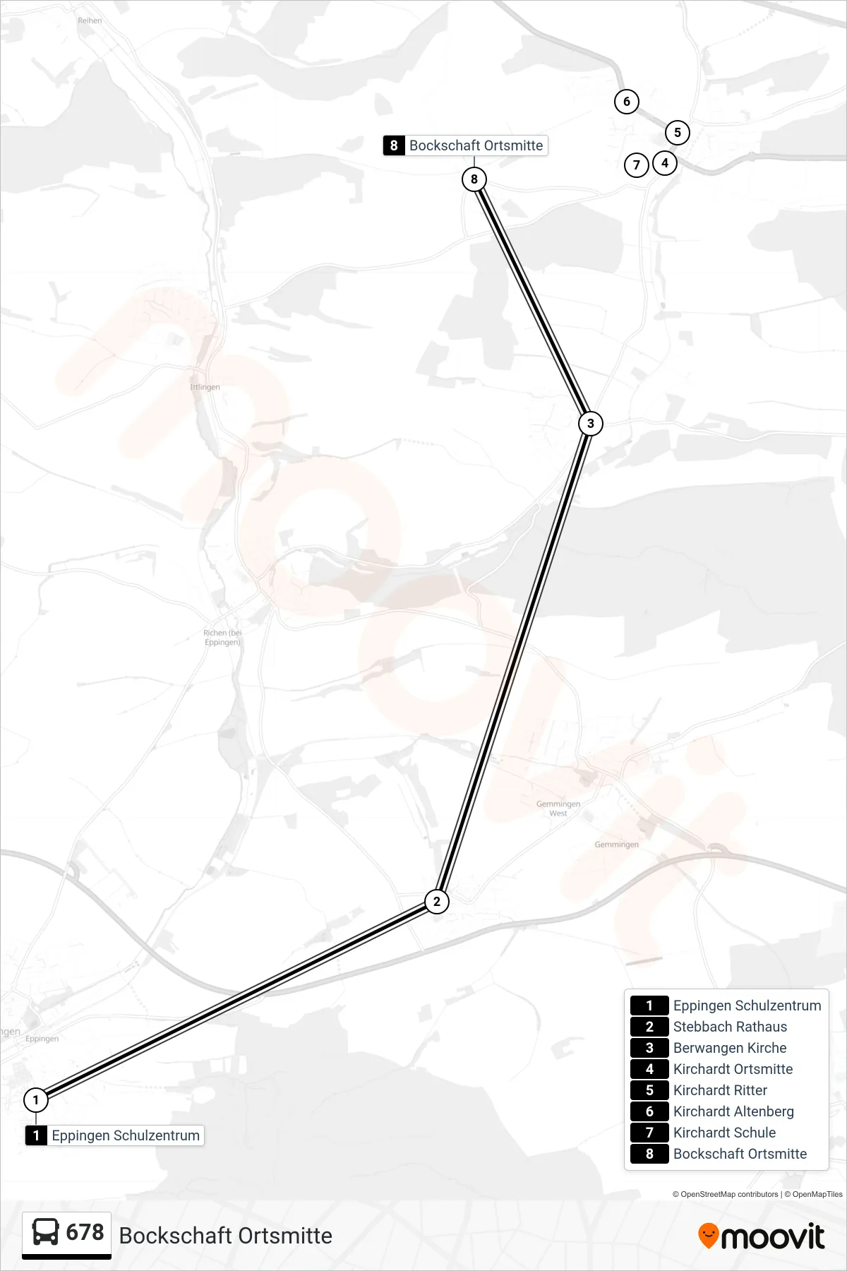 678 bus Line (Bockschaft Ortsmitte) route and stops on a map