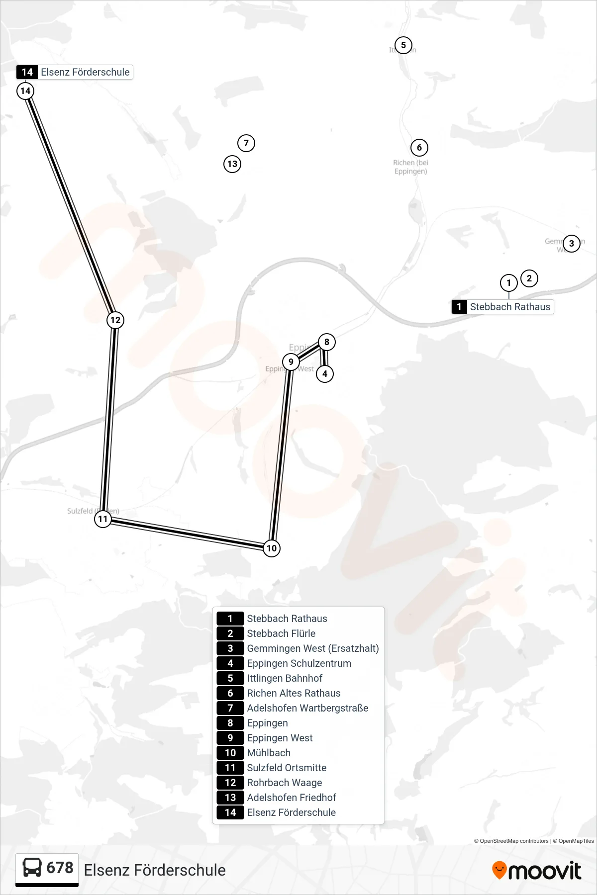 678 bus Line (Elsenz Förderschule) route and stops on a map