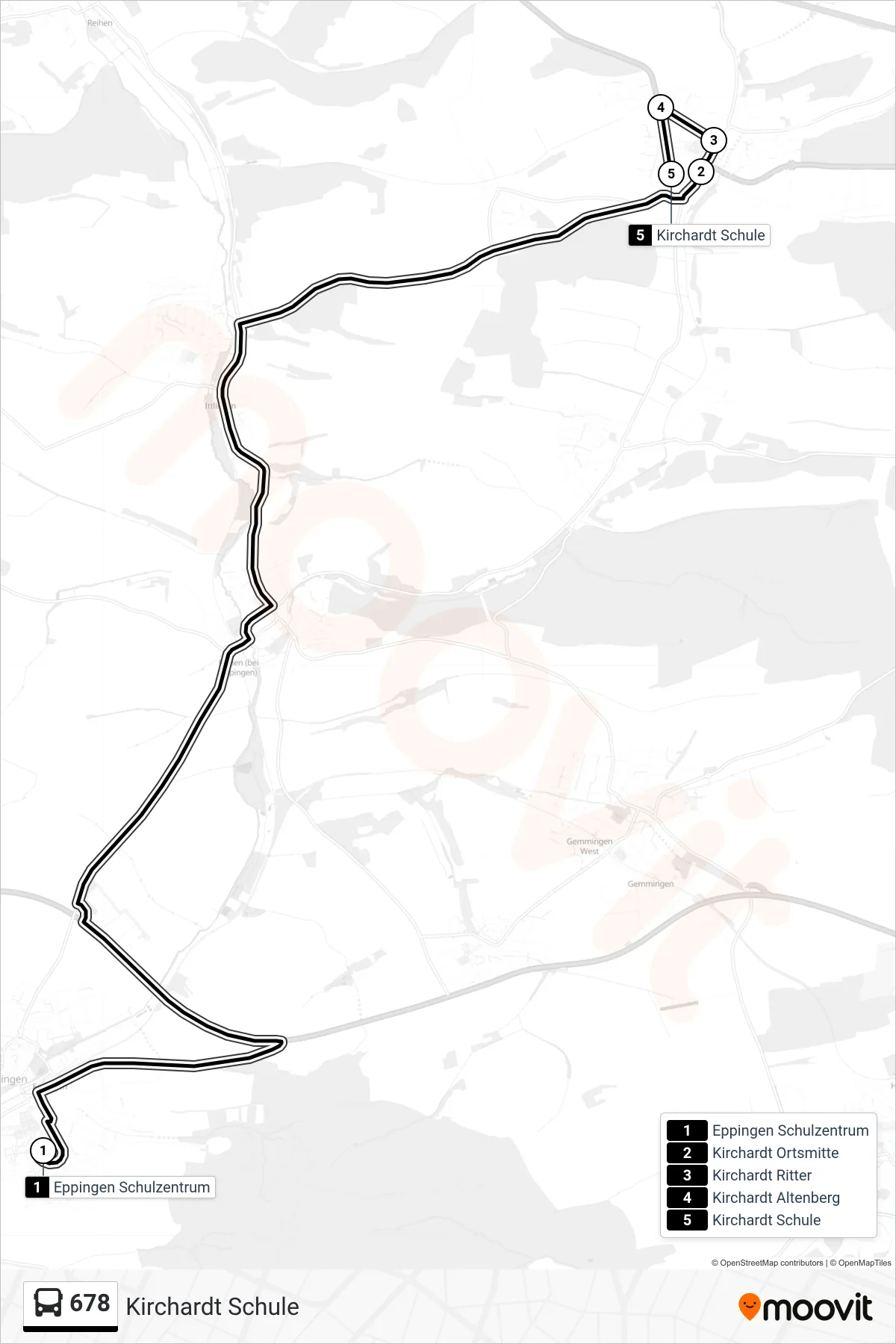 678 bus Line (Kirchardt Schule) route and stops on a map