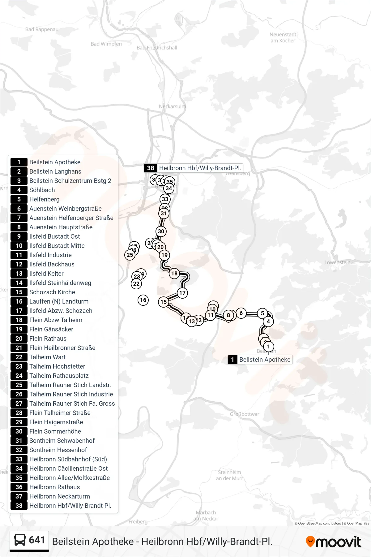 Linie 641 (Bus) Richtung Heilbronn Hbf/Willy-Brandt-Pl.: Route und Haltestellen auf der Karte
