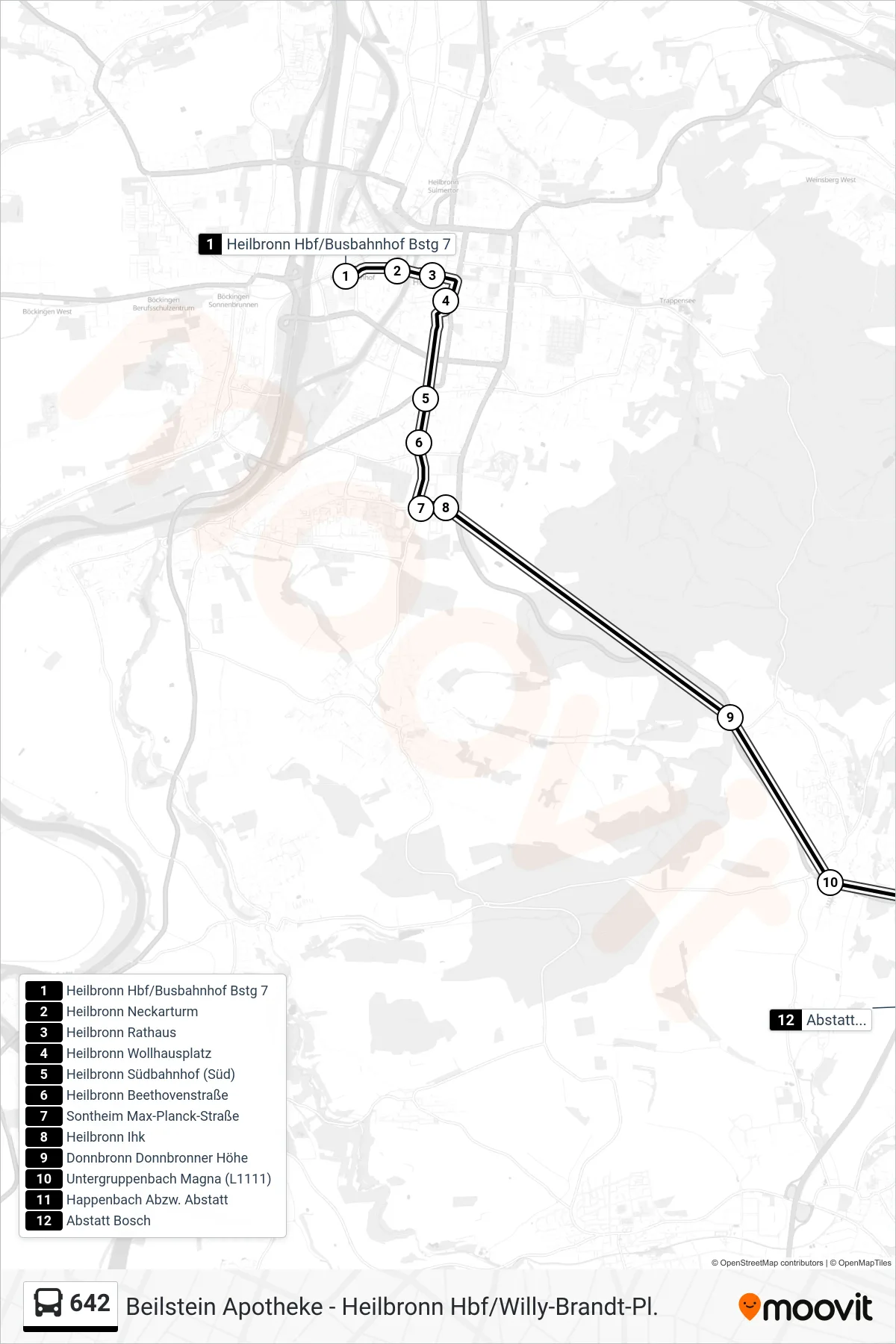 642 bus Line (Abstatt Bosch) route and stops on a map