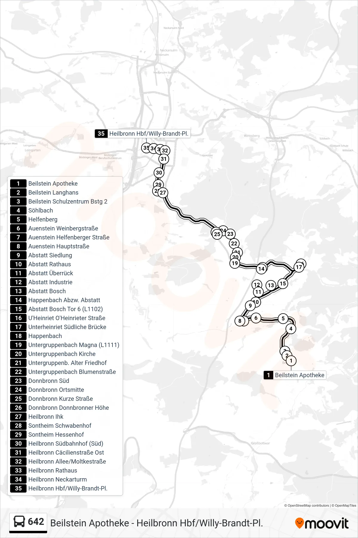 642 bus Line (Heilbronn Hbf/Willy-Brandt-Pl.) route and stops on a map
