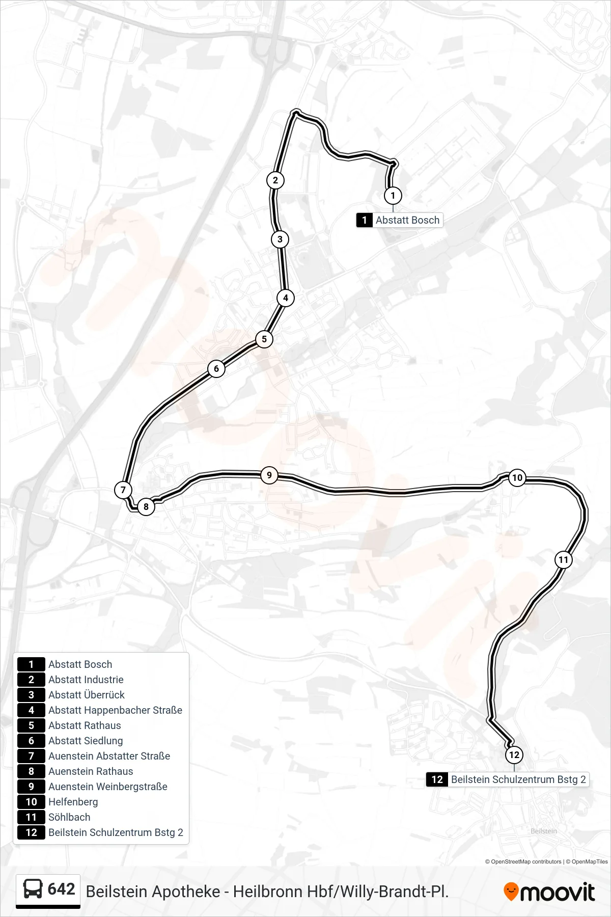 642 bus Line (Beilstein Schulzentrum) route and stops on a map