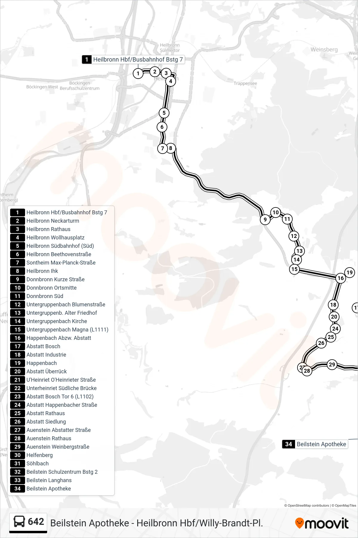 Linie 642 (Bus) Richtung Beilstein Apotheke: Route und Haltestellen auf der Karte