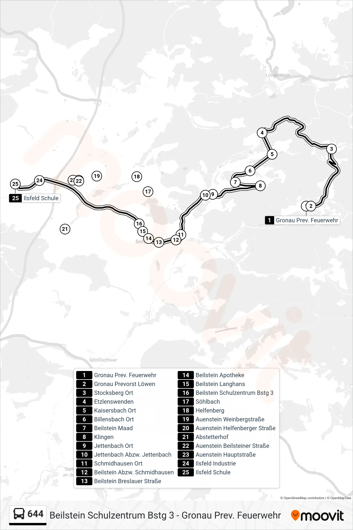 644 bus Line (Ilsfeld Schule) route and stops on a map