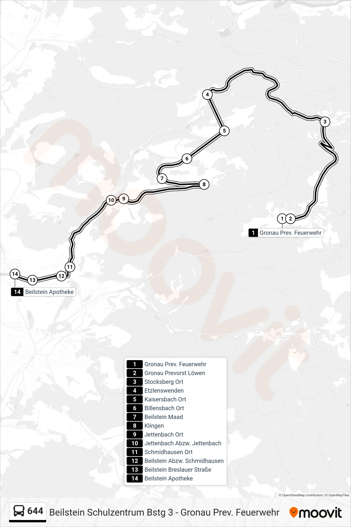 644 bus Line (Beilstein Apotheke) route and stops on a map