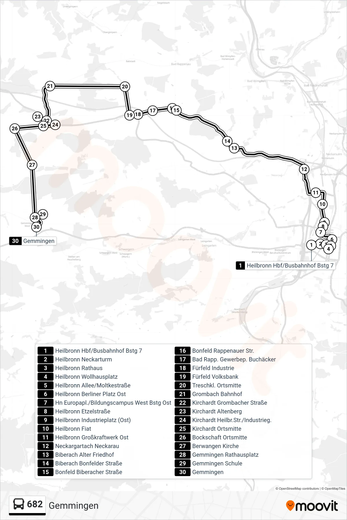 682 bus Line (Gemmingen) route and stops on a map