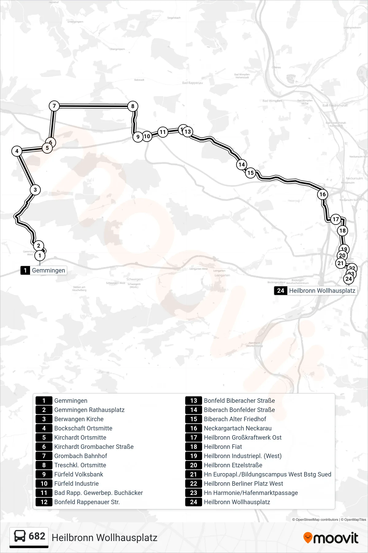 682 bus Line (Heilbronn Wollhausplatz) route and stops on a map