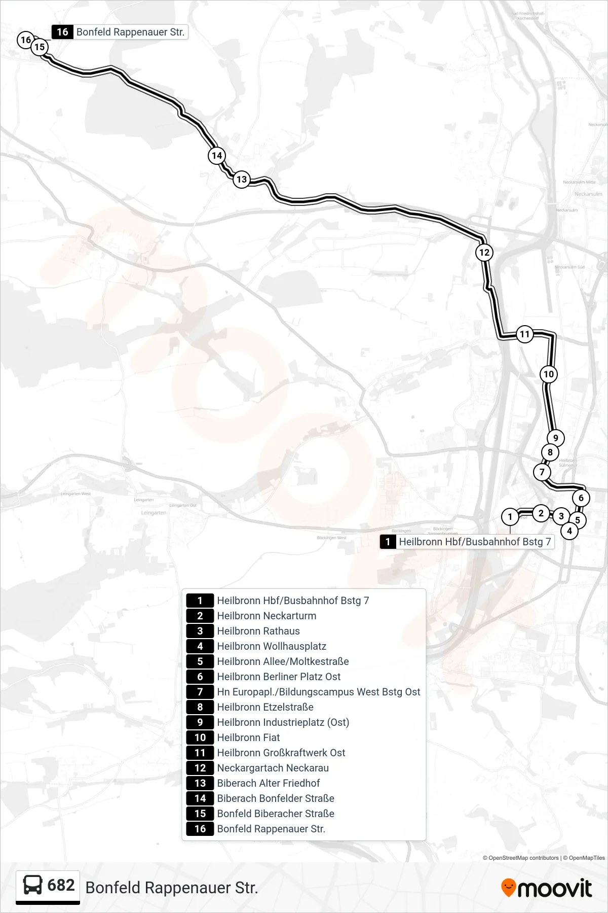 682 bus Line (Bonfeld Rappenauer Str.) route and stops on a map