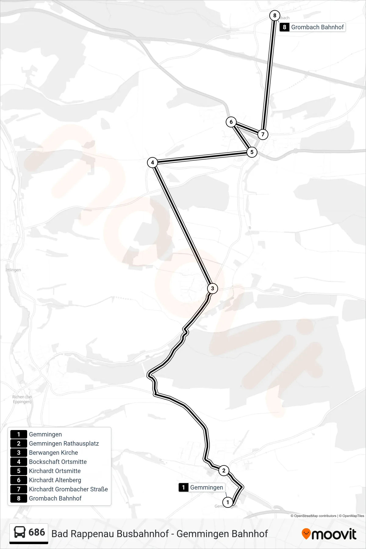686 bus Line (Grombach) route and stops on a map