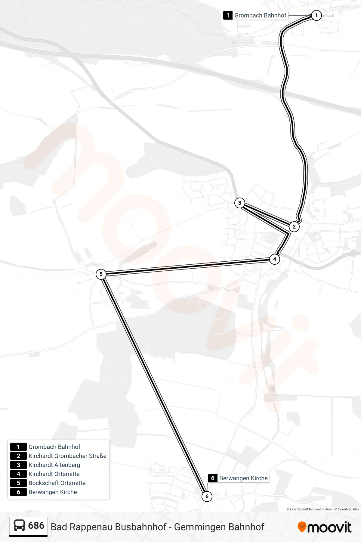 686 bus Line (Berwangen Kirche) route and stops on a map