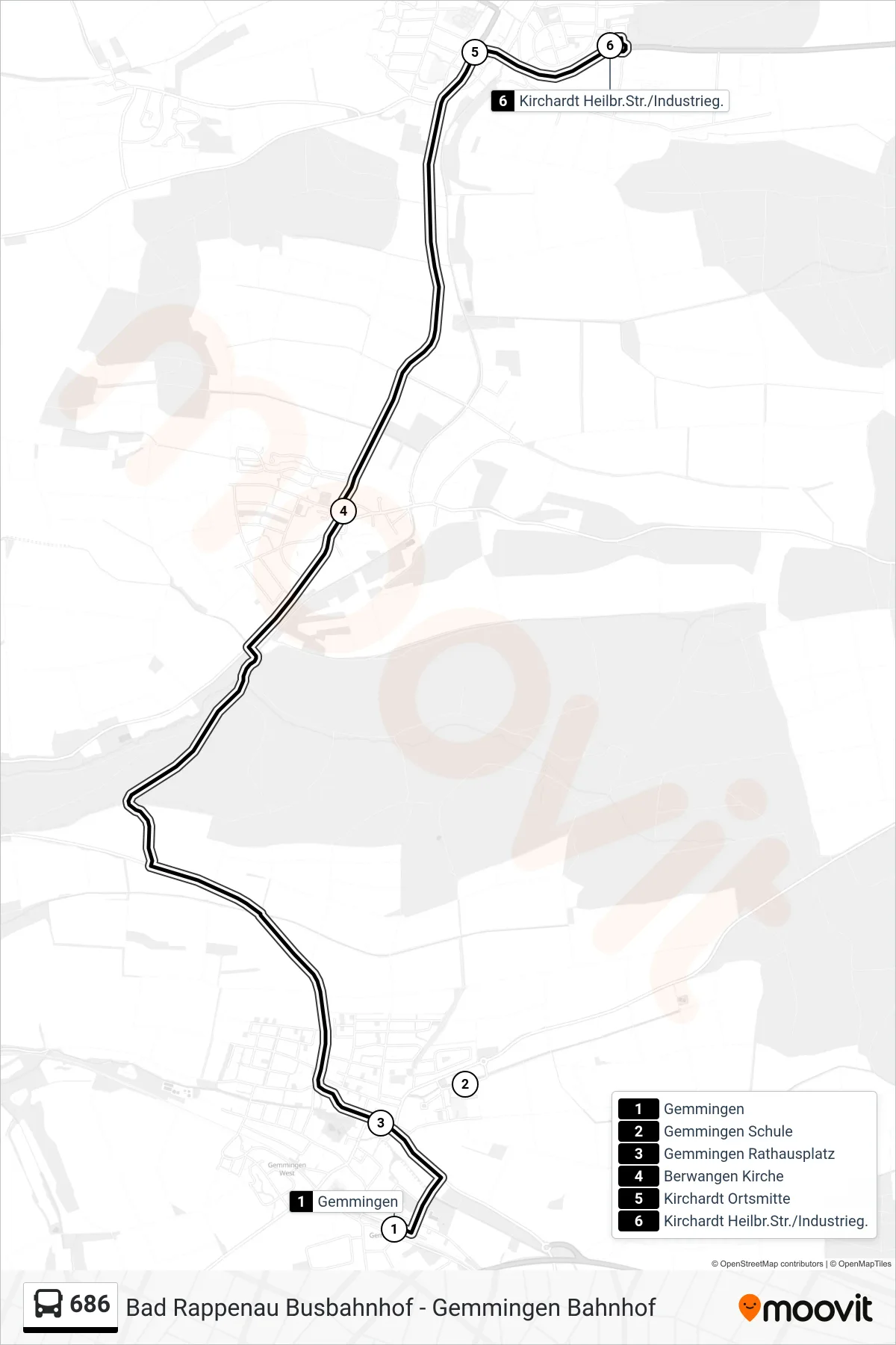 686 bus Line (Kirchardt Heilbr.Str./Industrieg.) route and stops on a map