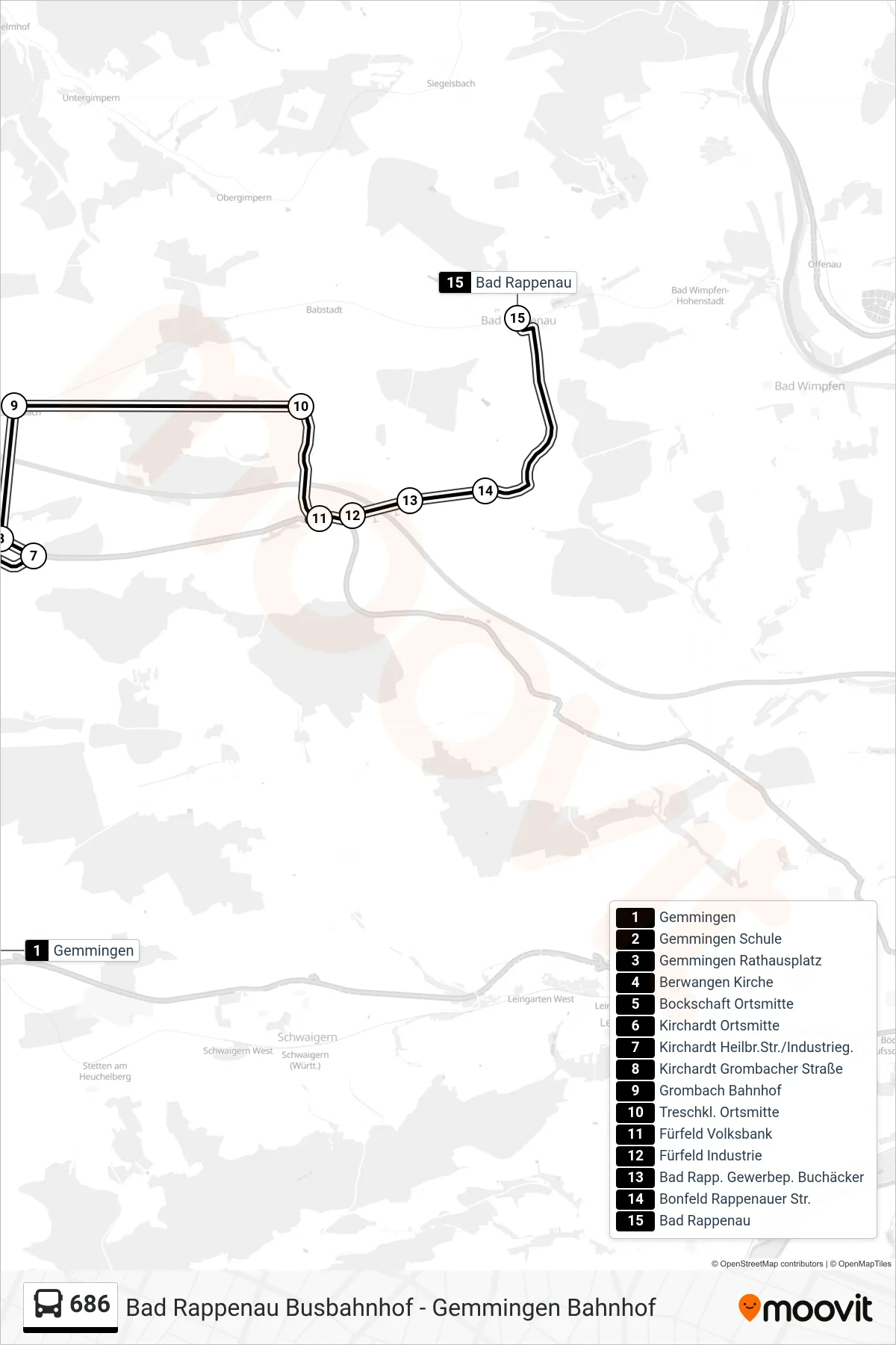 686 bus Line (Bad Rappenau) route and stops on a map