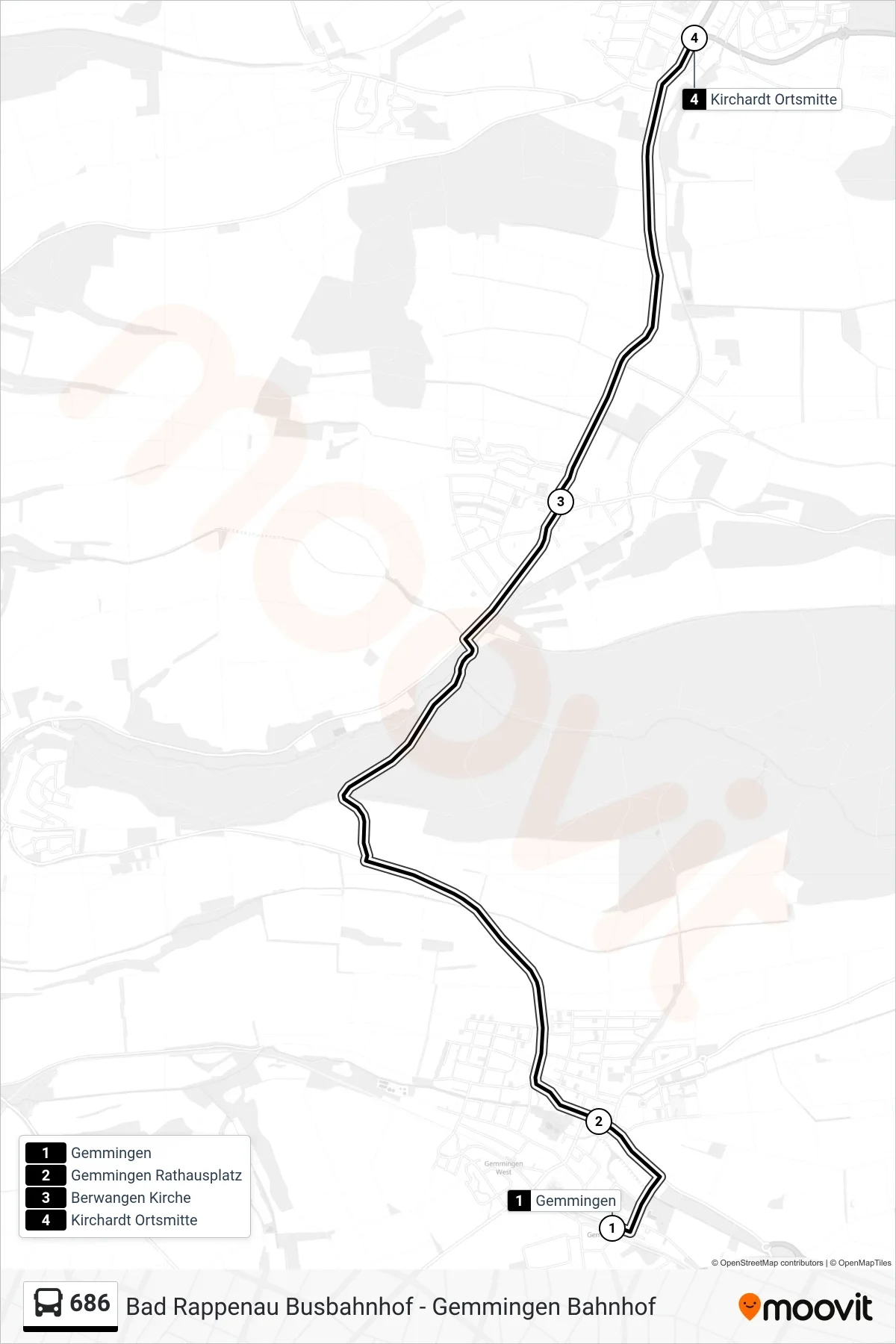 686 bus Line (Kirchardt Ortsmitte) route and stops on a map