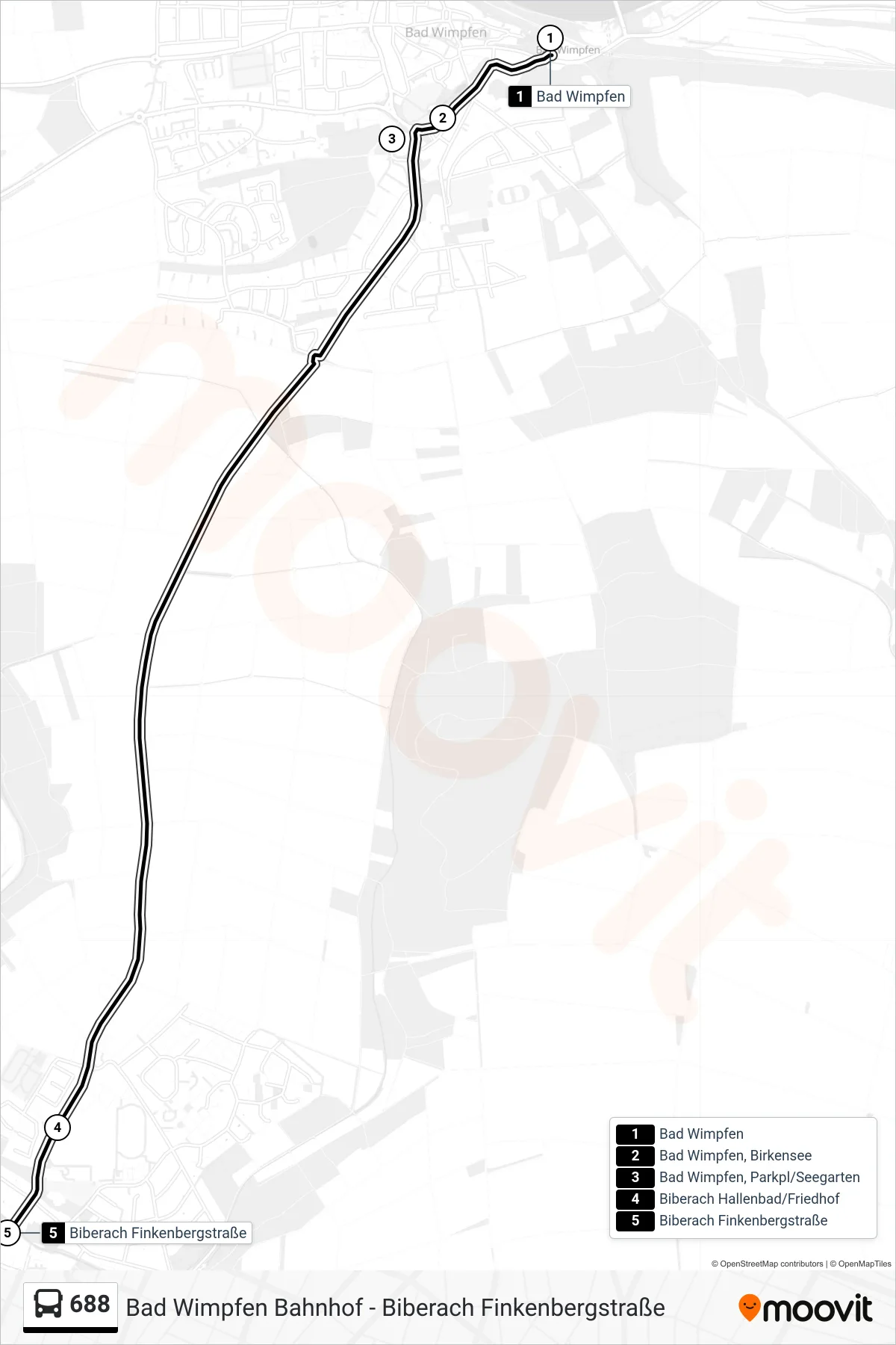 Linie 688 (Bus) Richtung Biberach Finkenbergstraße: Route und Haltestellen auf der Karte