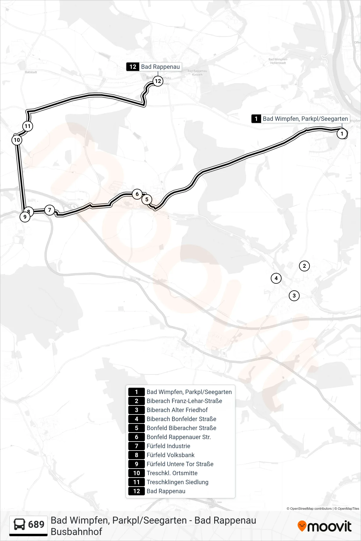 689 bus Line (Bad Rappenau) route and stops on a map