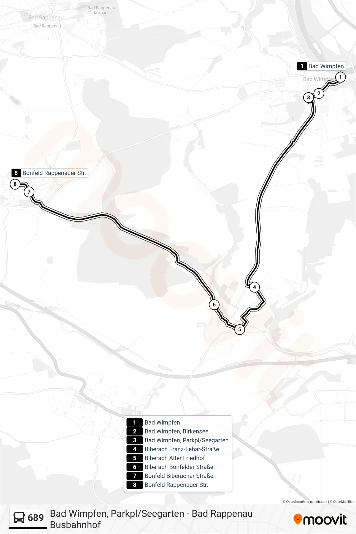 689 bus Line (Bonfeld Rappenauer Str.) route and stops on a map