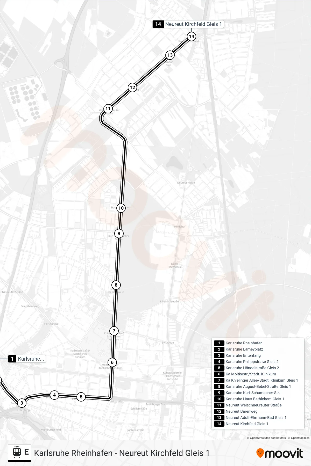 Linie E (Tram) Richtung Neureut Kirchfeld: Route und Haltestellen auf der Karte