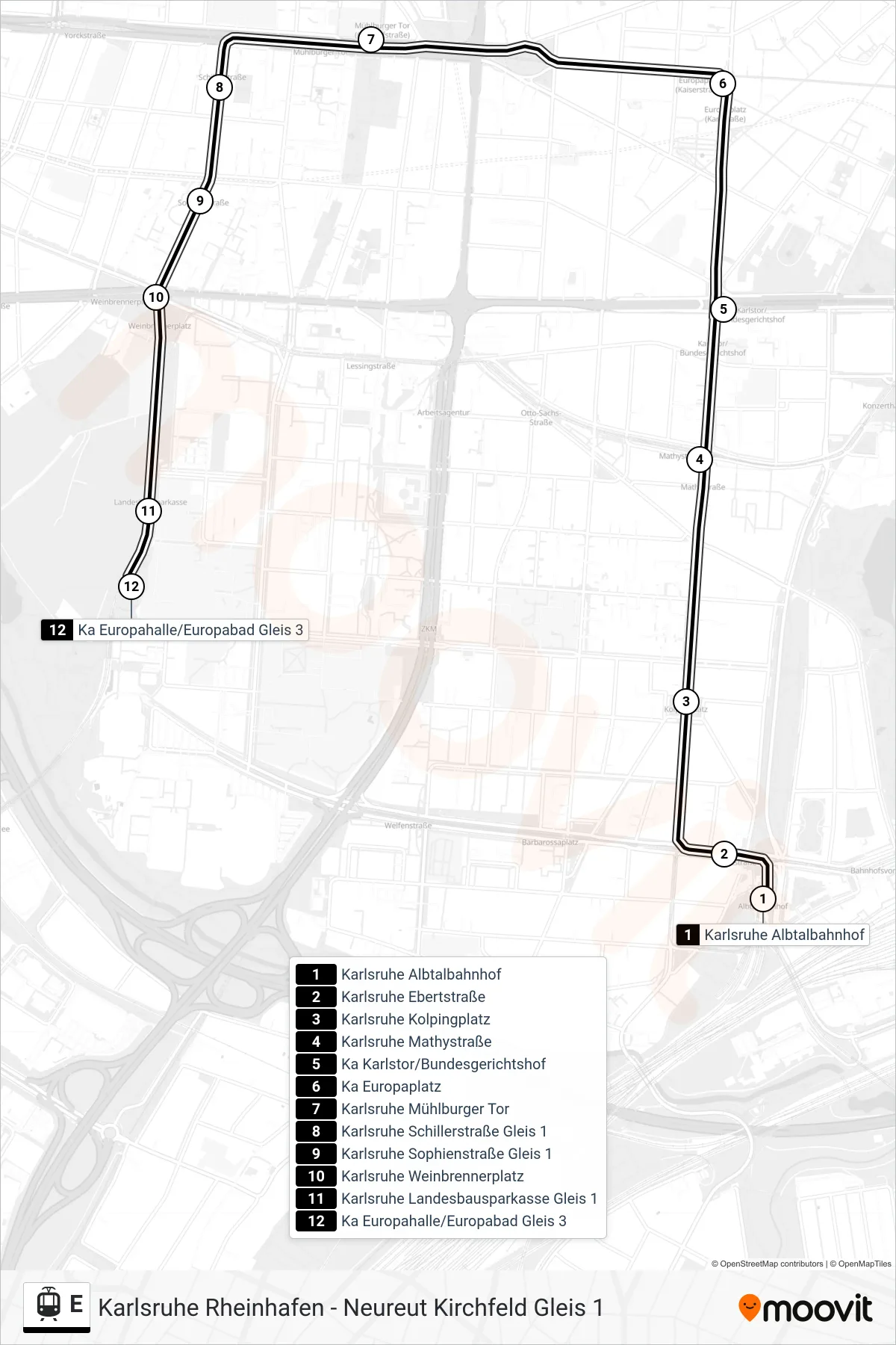 E tram Line (Ka Europahalle/Europabad) route and stops on a map