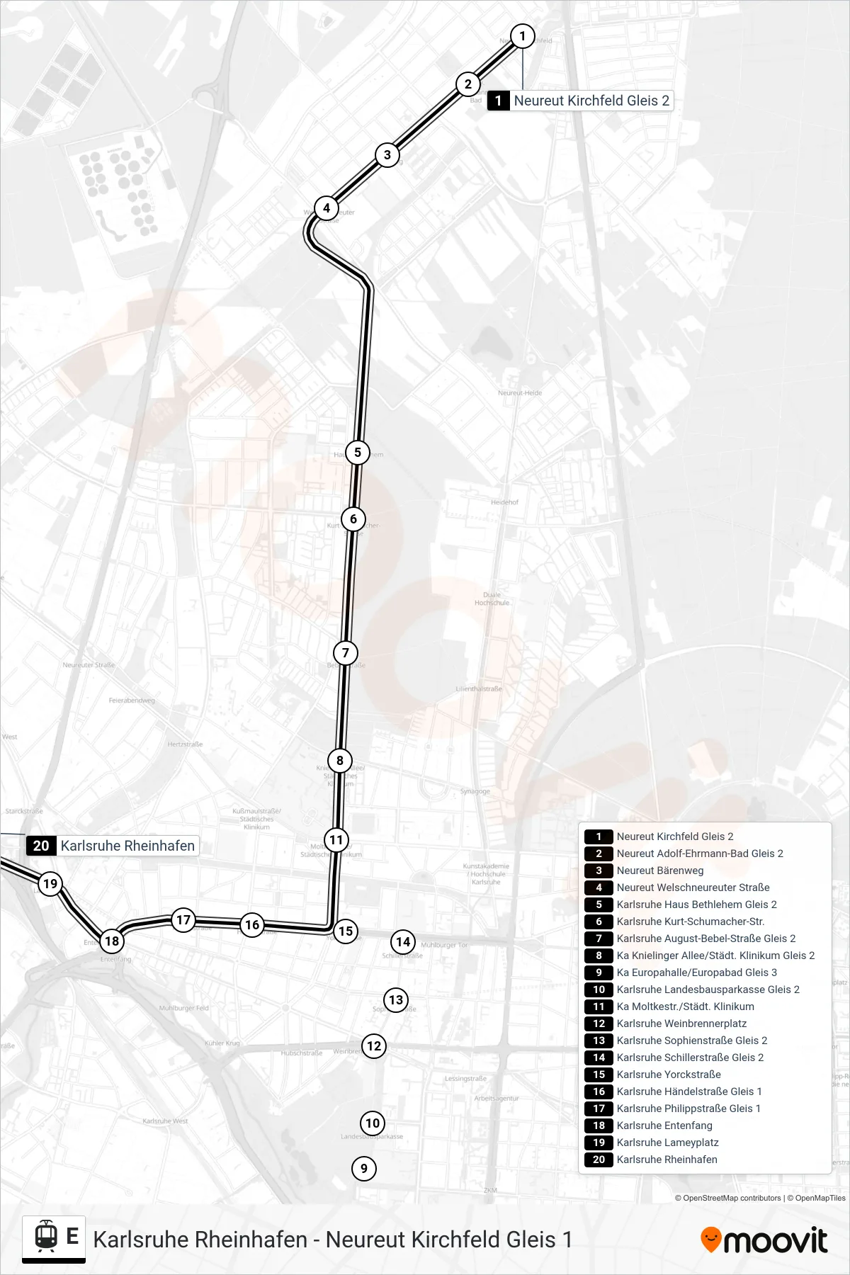 Linie E (Straßenbahn) Richtung Karlsruhe Rheinhafen: Route und Haltestellen auf der Karte