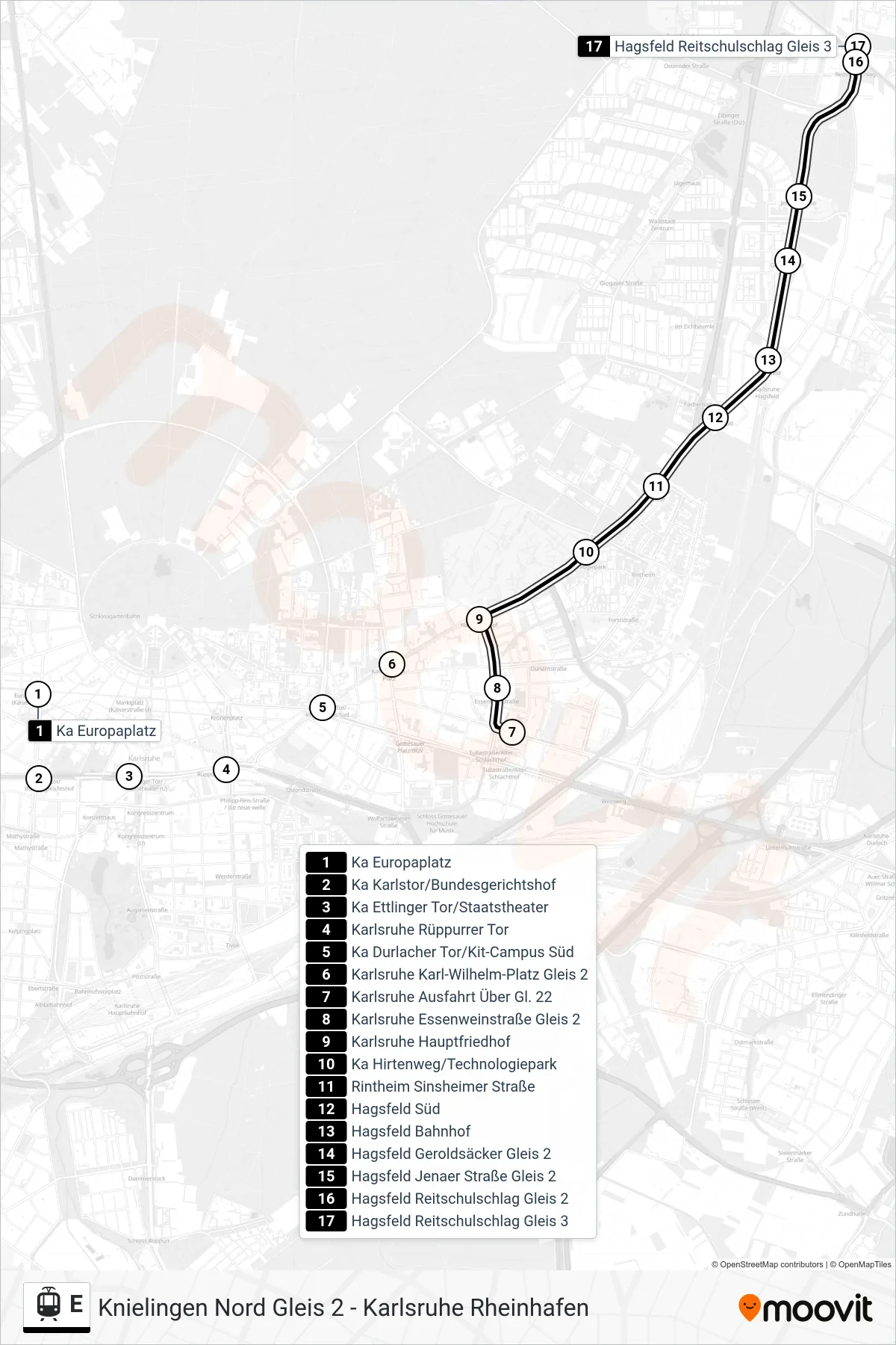 Linie E (Straßenbahn) Richtung Hagsfeld Reitschulschlag: Route und Haltestellen auf der Karte