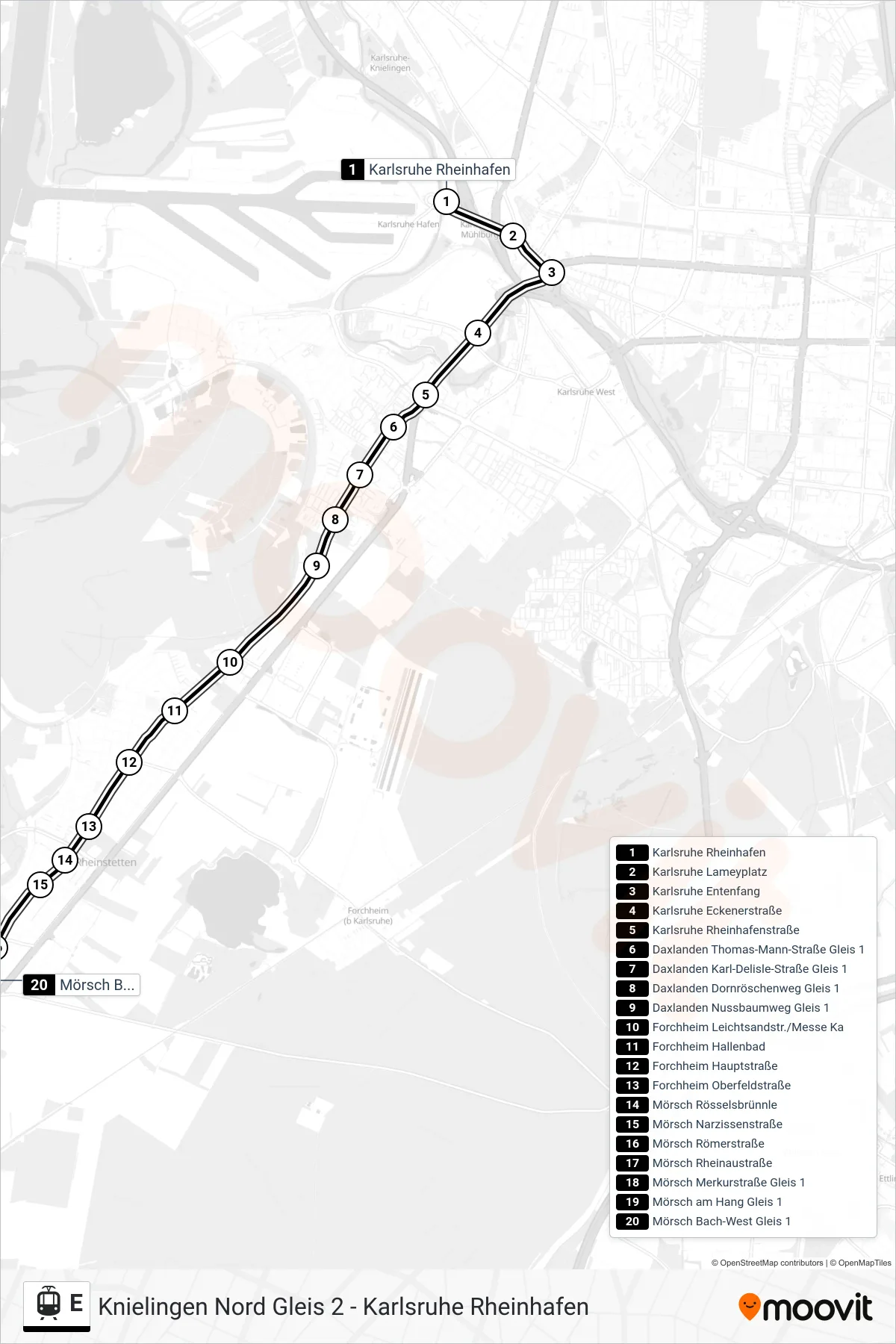 E tram Line (Mörsch Bach-West) route and stops on a map