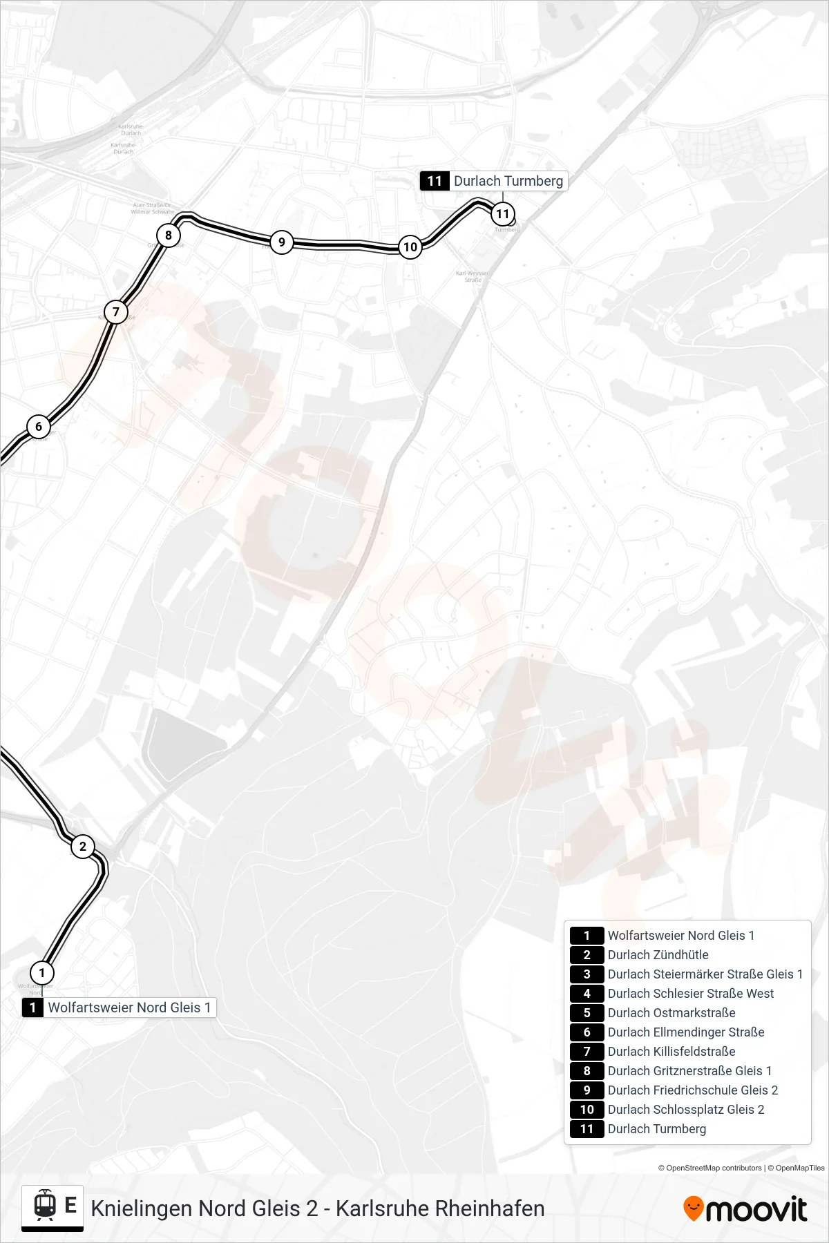 Linie E (Straßenbahn) Richtung Durlach Turmberg: Route und Haltestellen auf der Karte