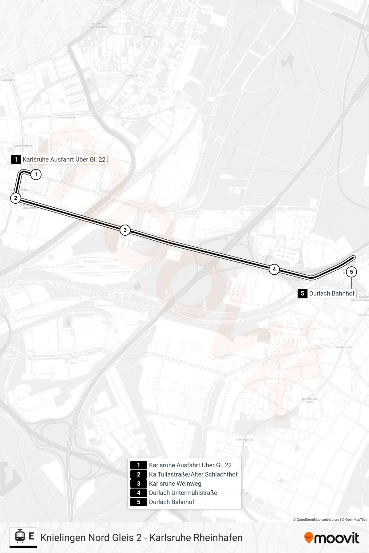 Linie E (Straßenbahn) Richtung Durlach Bahnhof: Route und Haltestellen auf der Karte