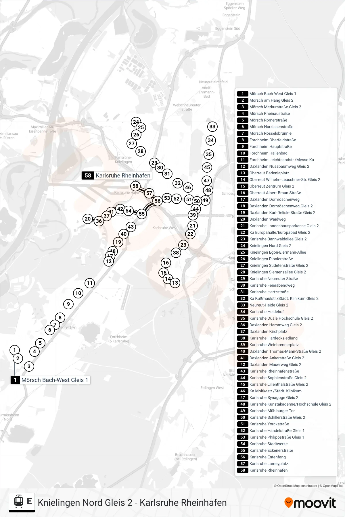 Linie E (Straßenbahn) Richtung Karlsruhe Rheinhafen: Route und Haltestellen auf der Karte