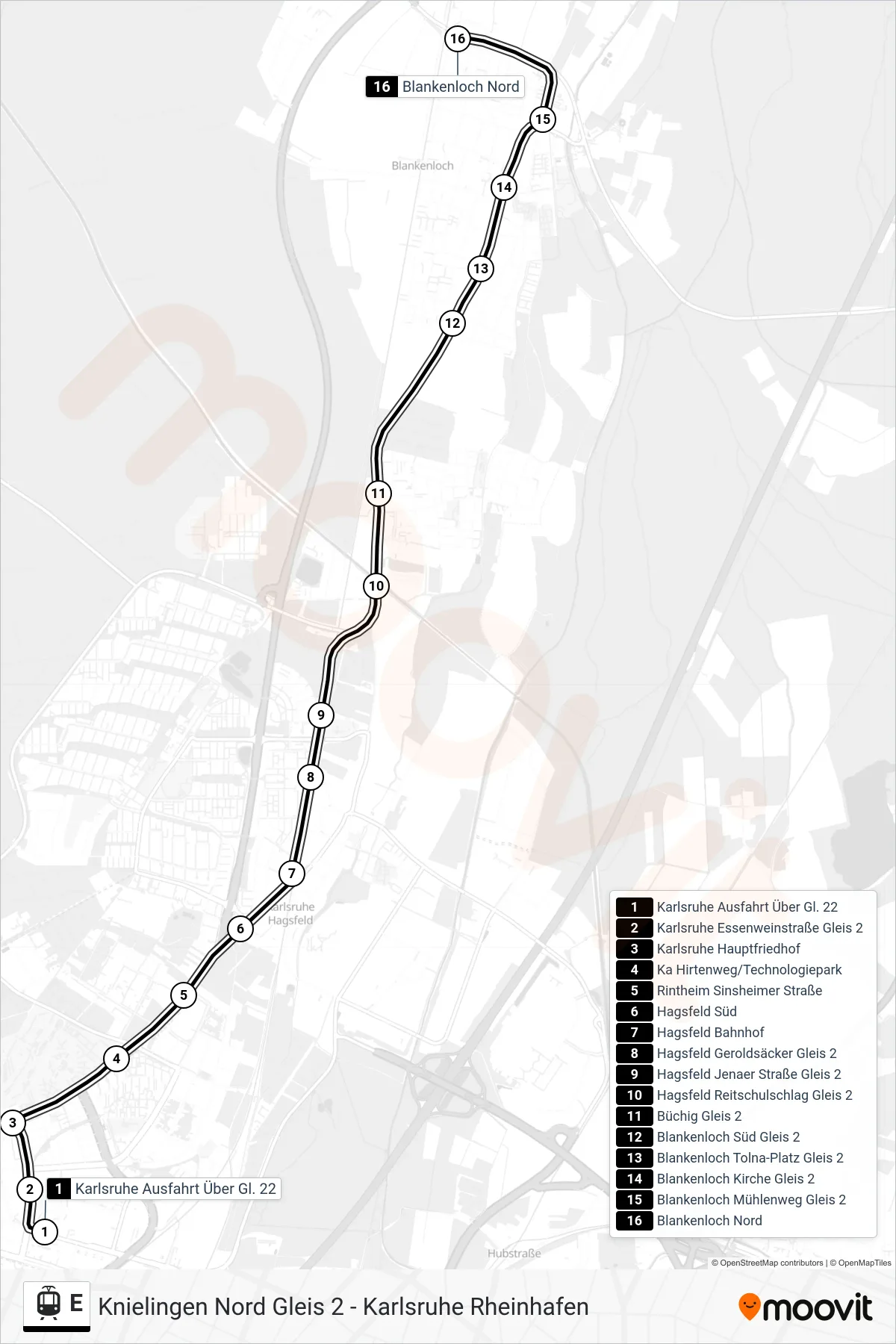 Linie E (Tram) Richtung Blankenloch Nord: Route und Haltestellen auf der Karte