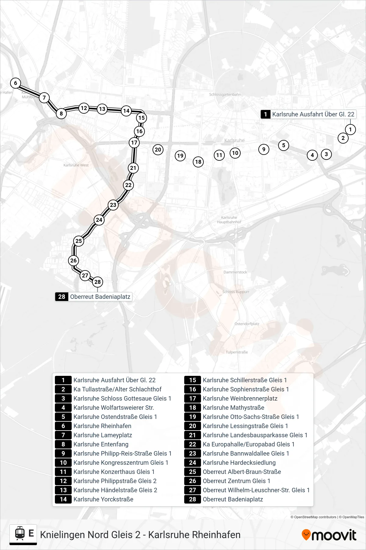 Linie E (Straßenbahn) Richtung Oberreut Badeniaplatz: Route und Haltestellen auf der Karte