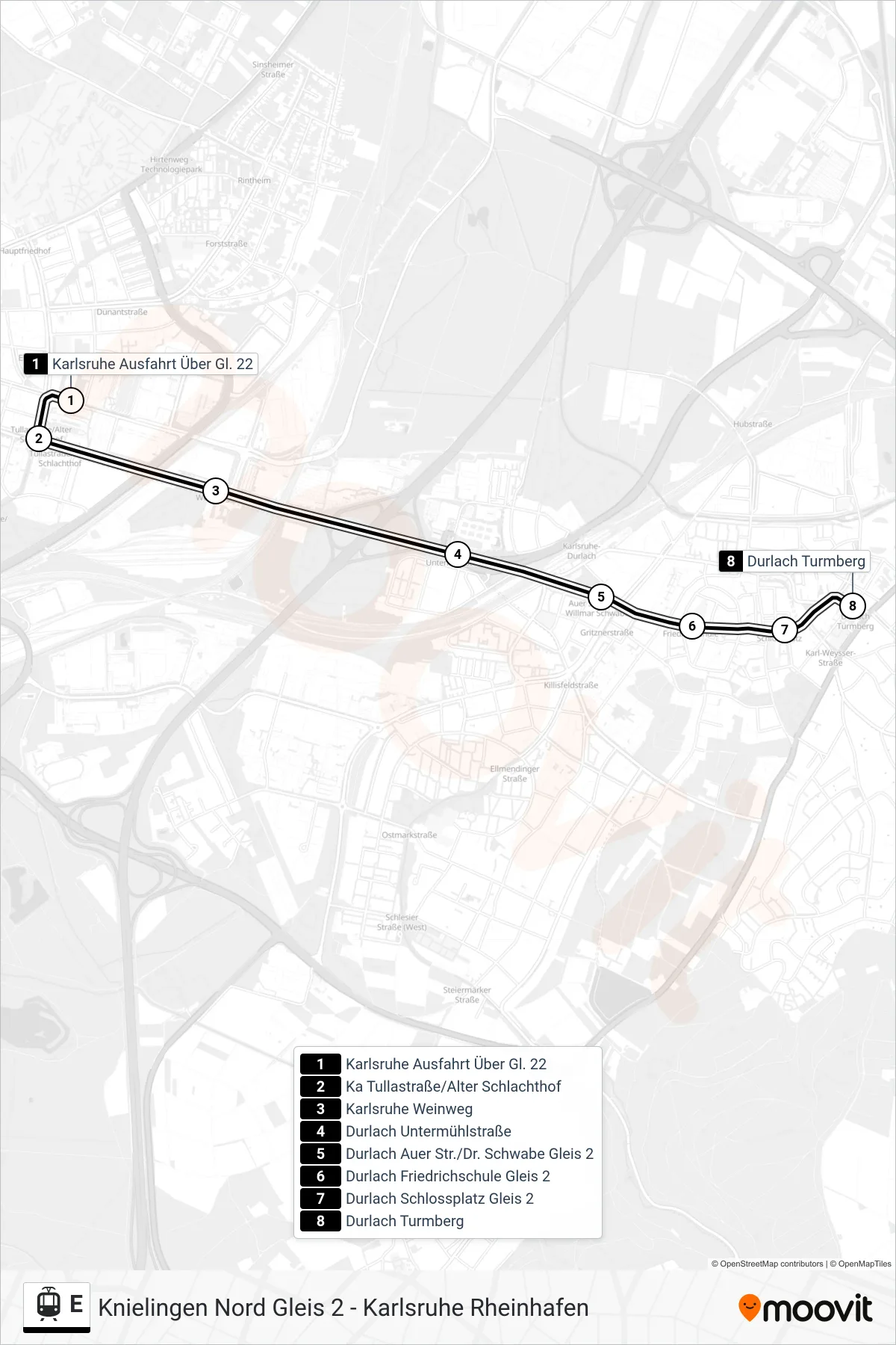 Linie E (Straßenbahn) Richtung Durlach Turmberg: Route und Haltestellen auf der Karte