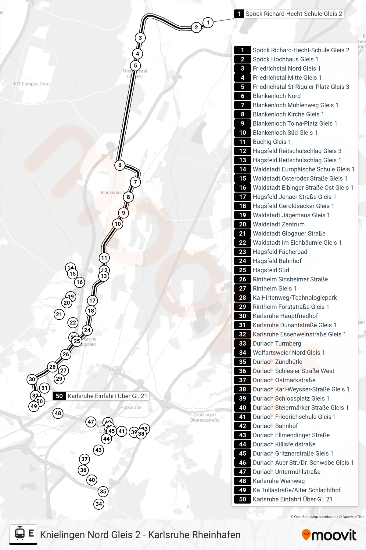 Linie E (Straßenbahn) Richtung Karlsruhe Einfahrt Über Gl. 21: Route und Haltestellen auf der Karte